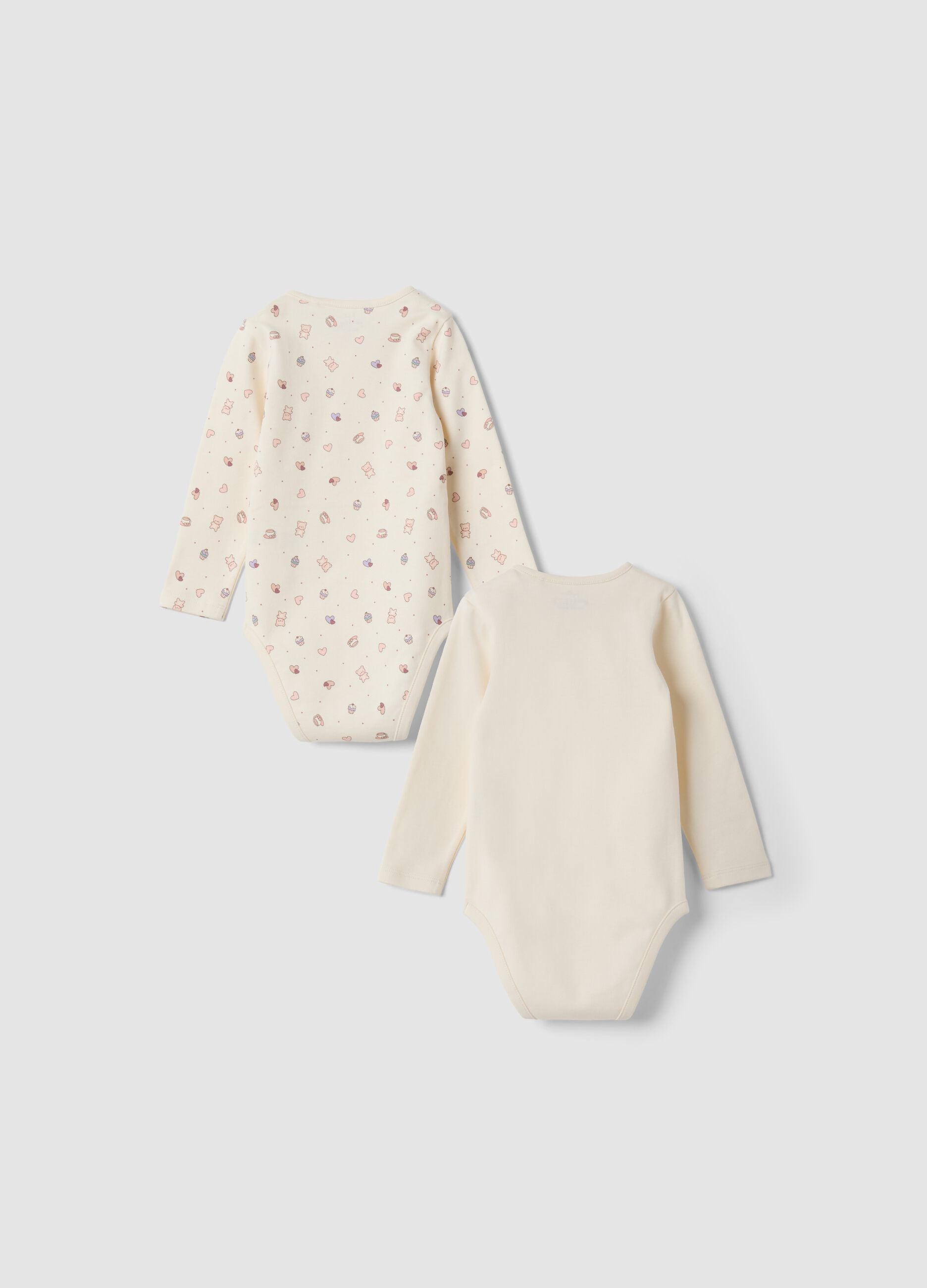 2-pack beige organic cotton baby girl bodysuits with teddy bear