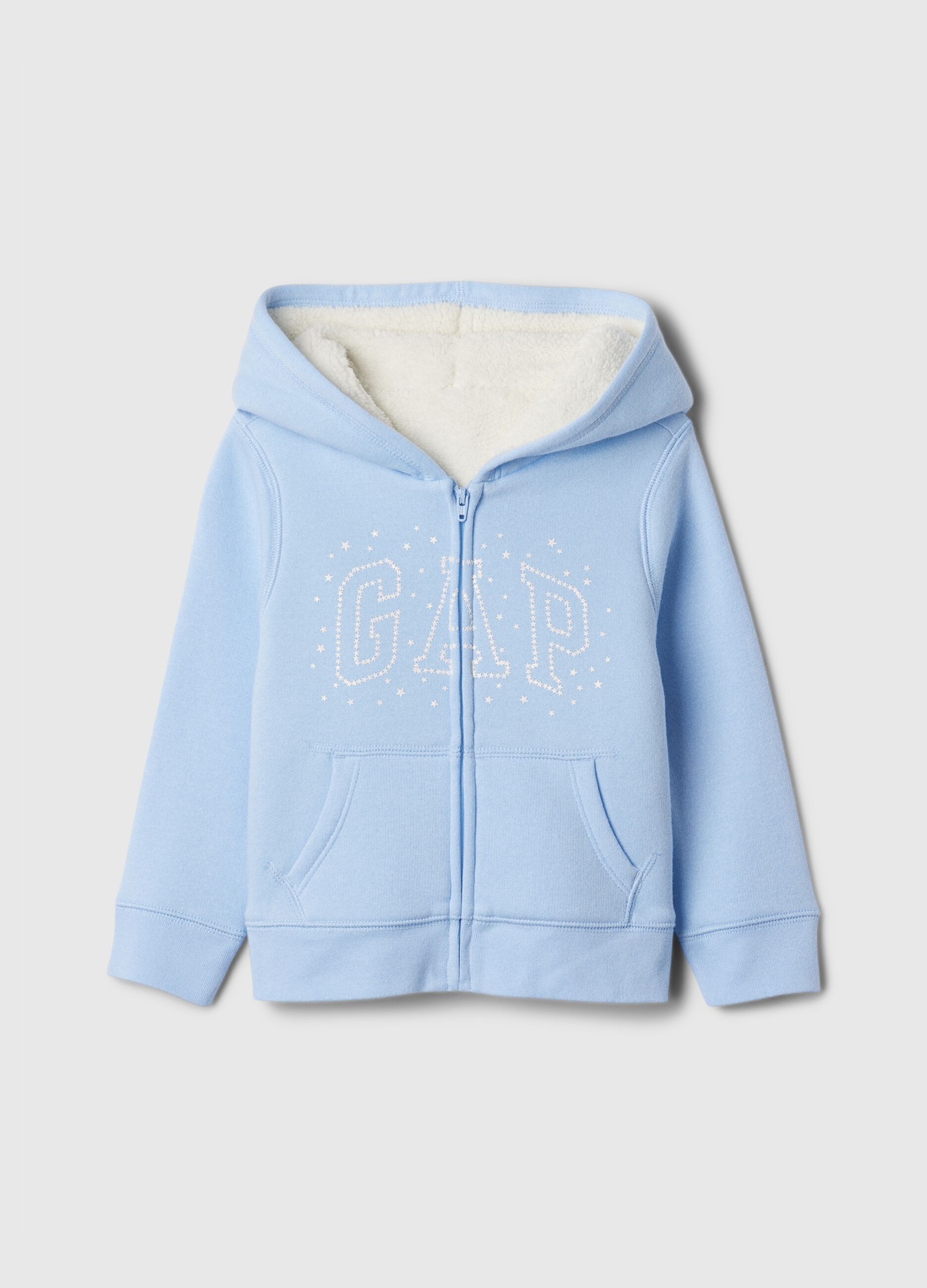 Full-zip sweatshirt and hood with sherpa lining