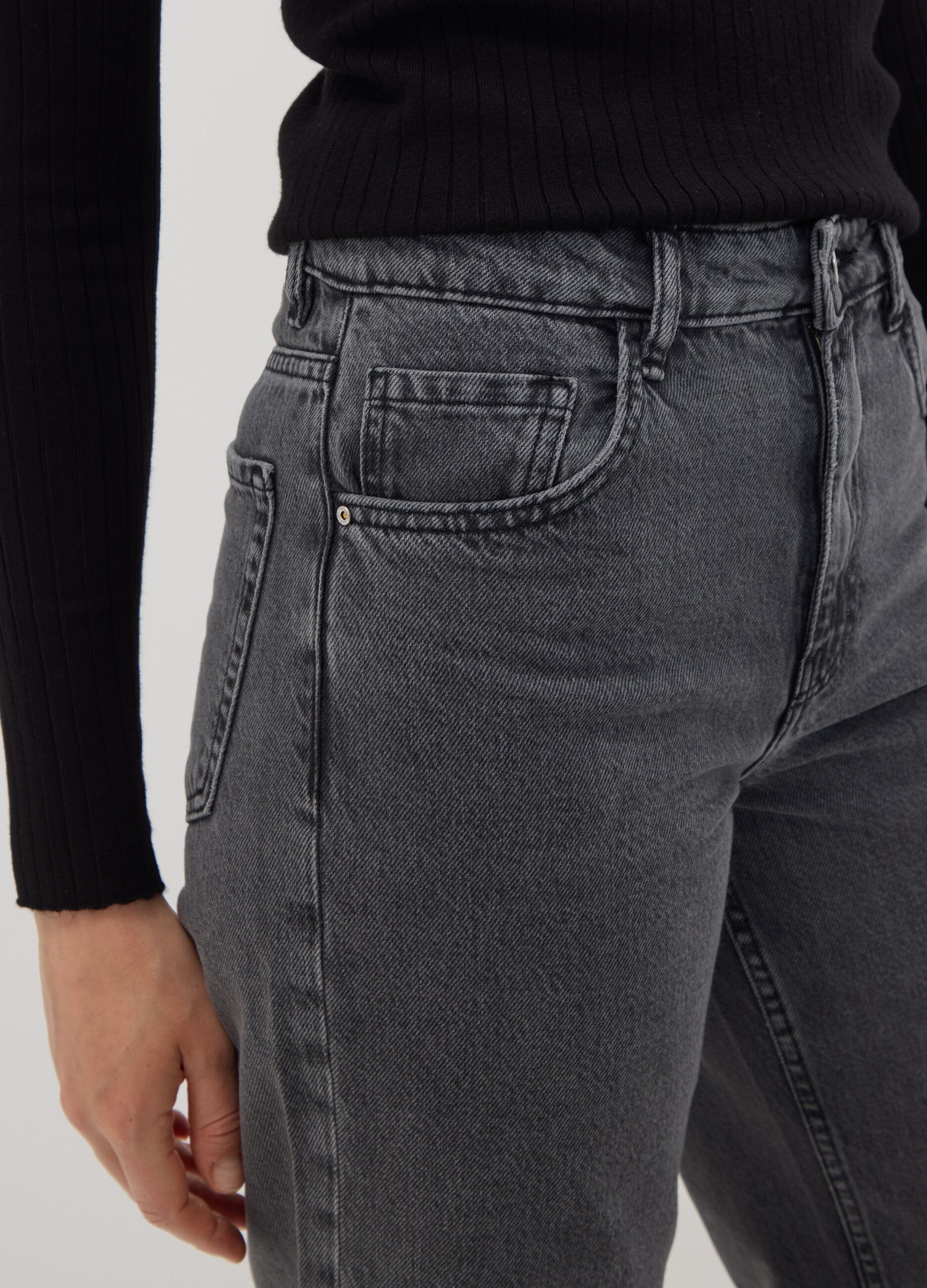 Grey pure cotton wide-leg high-waisted denim jeans
