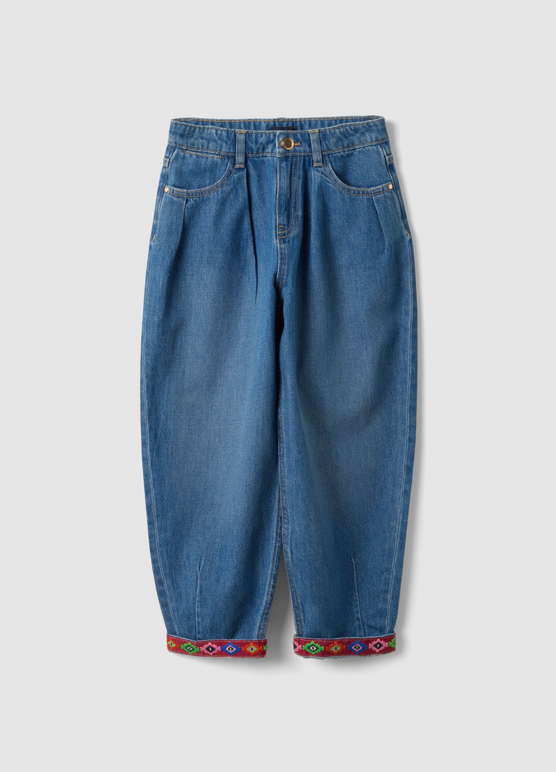 Girls&rsquo; blue baggy pure cotton jeans with embroidered turn-up hem
