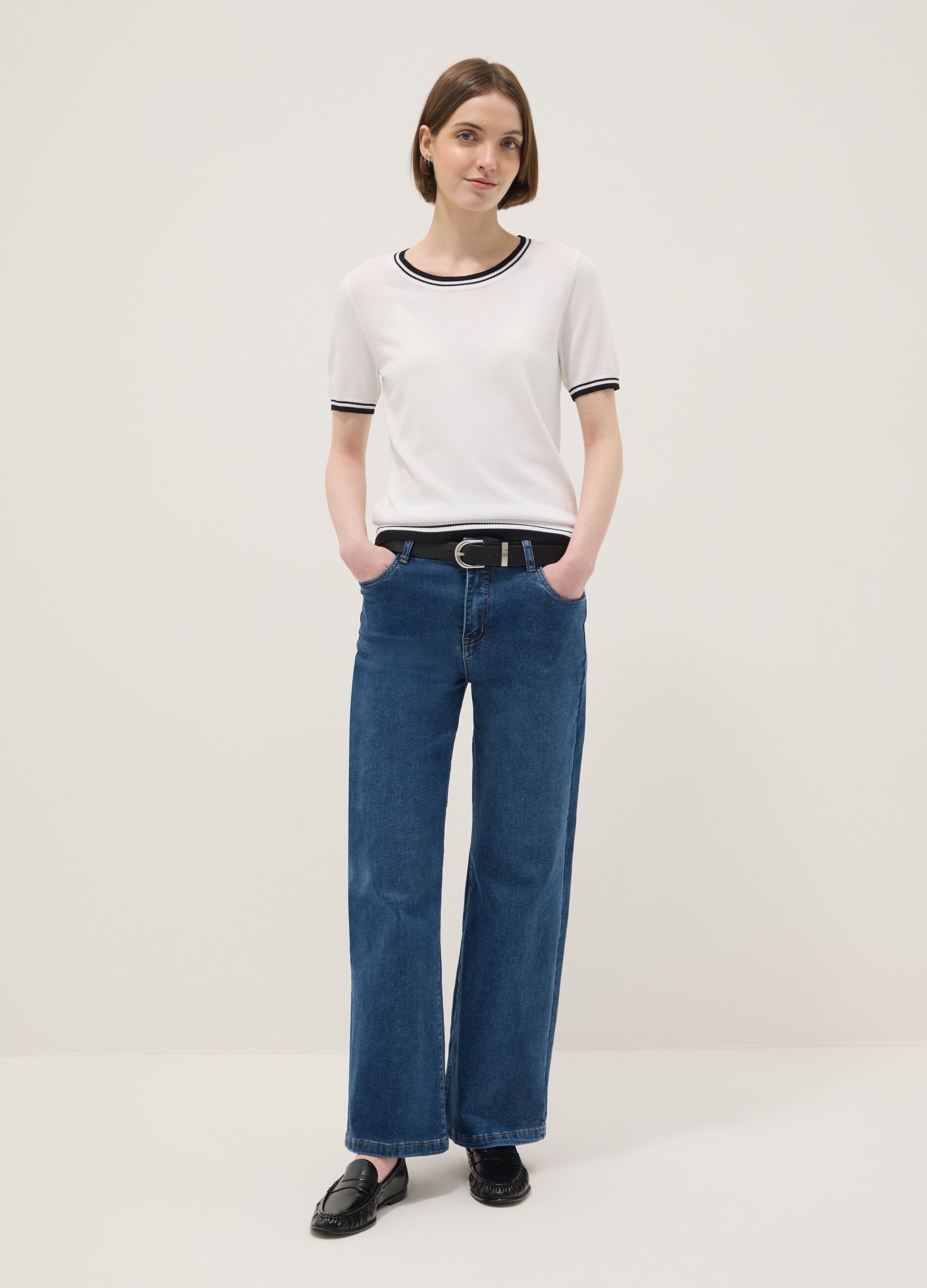 Stretch blue regular fit cotton blend denim trousers