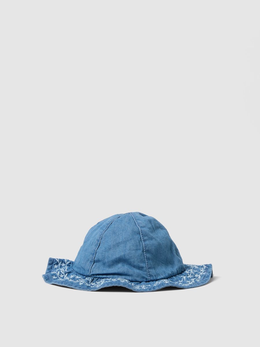 Blue denim pure cotton hat for babies with embroidered details_0