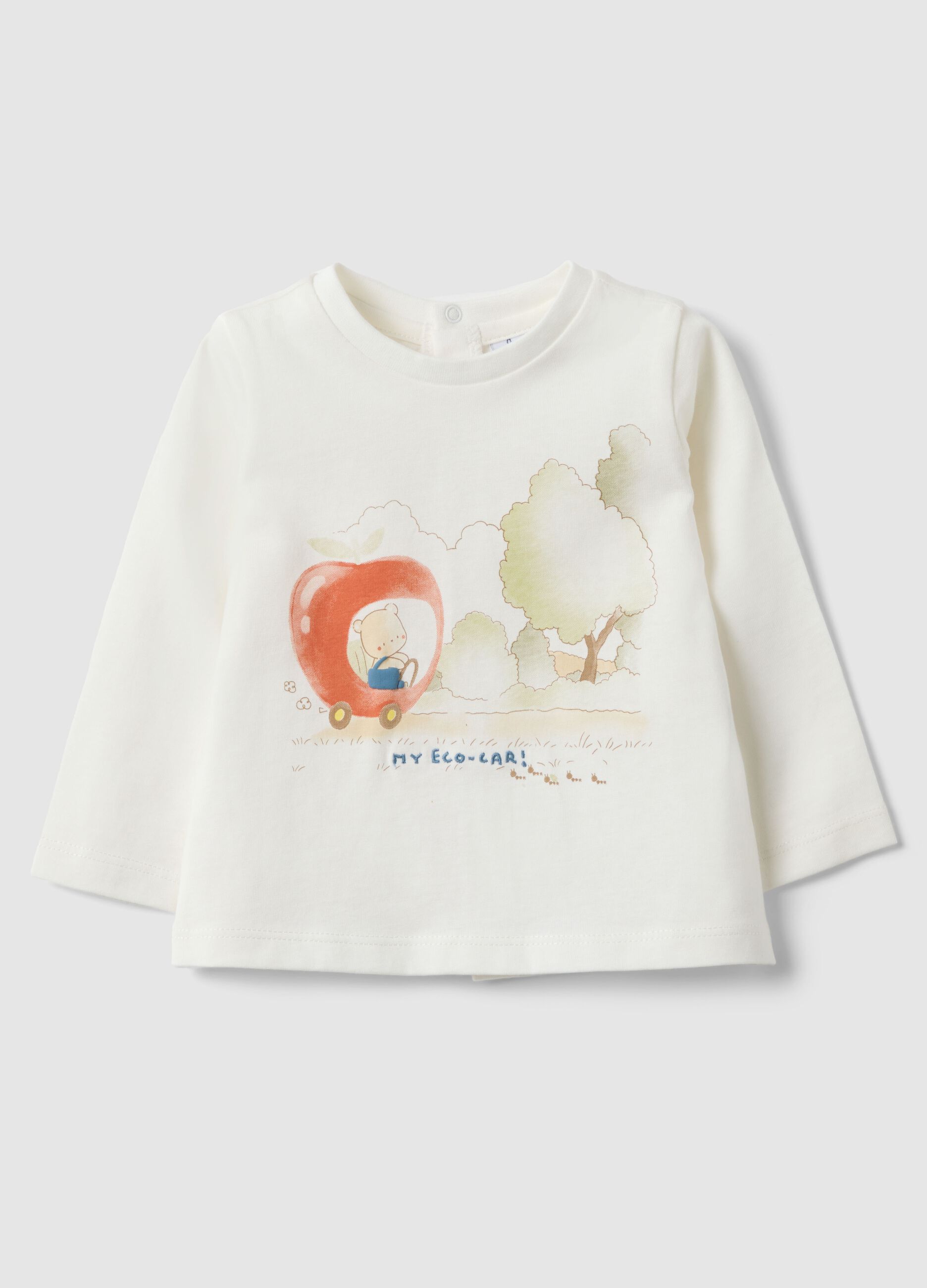 White cotton-blend baby T-shirt with teddy bear print, regular fit