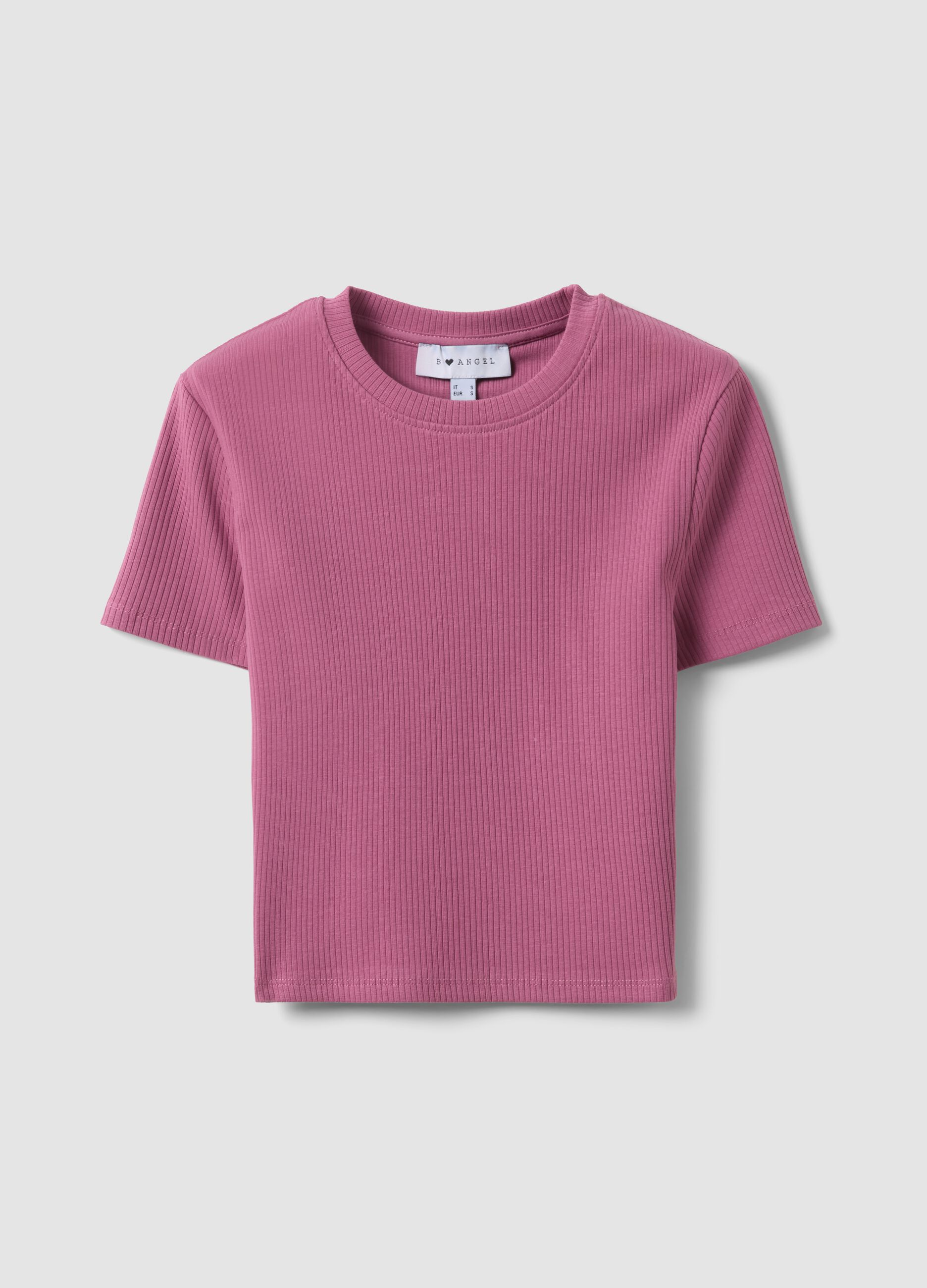 Pinkes geripptes Fitted T-Shirt aus Stretch-Baumwolle