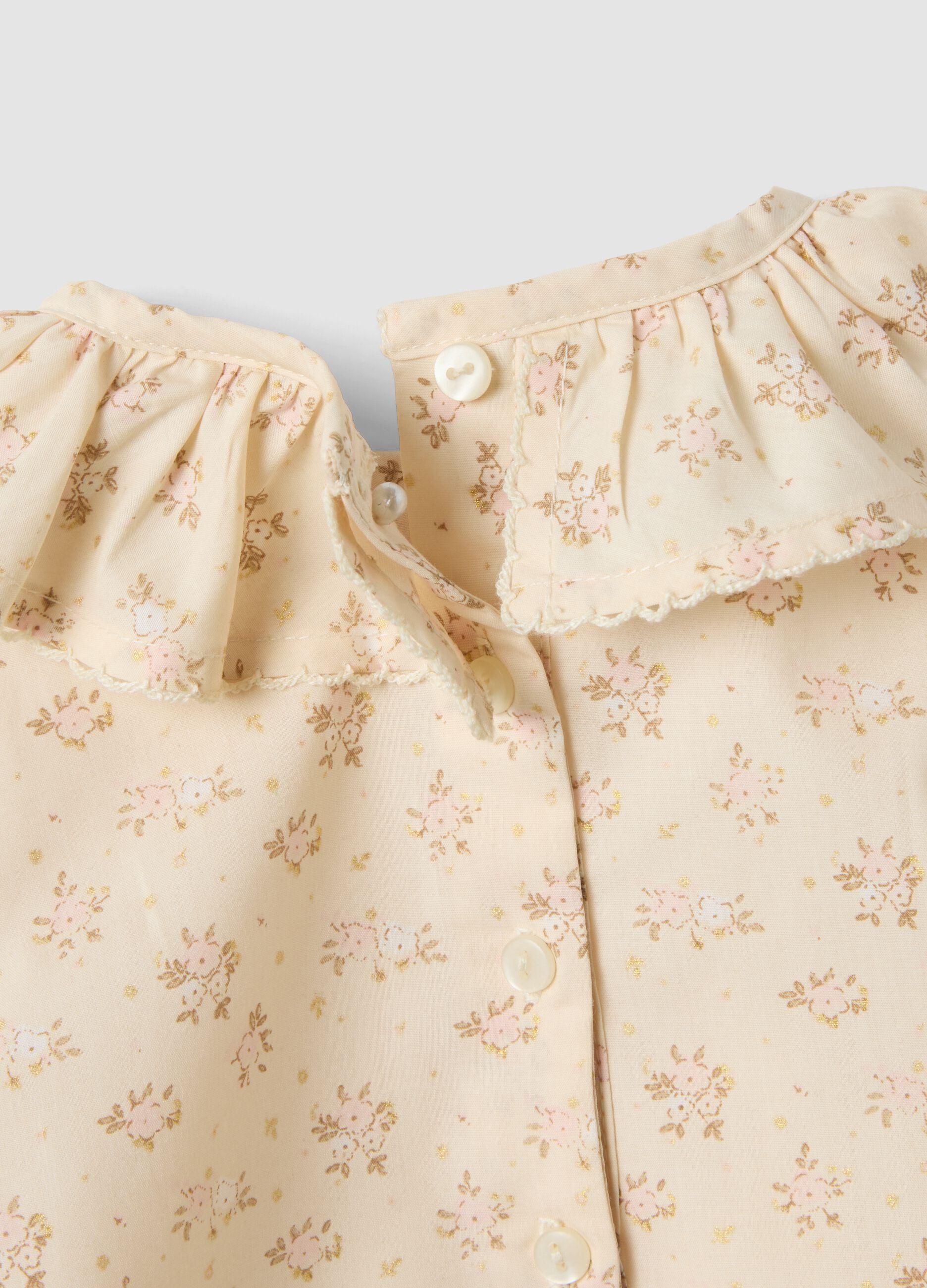 Body bege em algod&atilde;o puro para beb&eacute; menina com gola com folhos e estampado floral