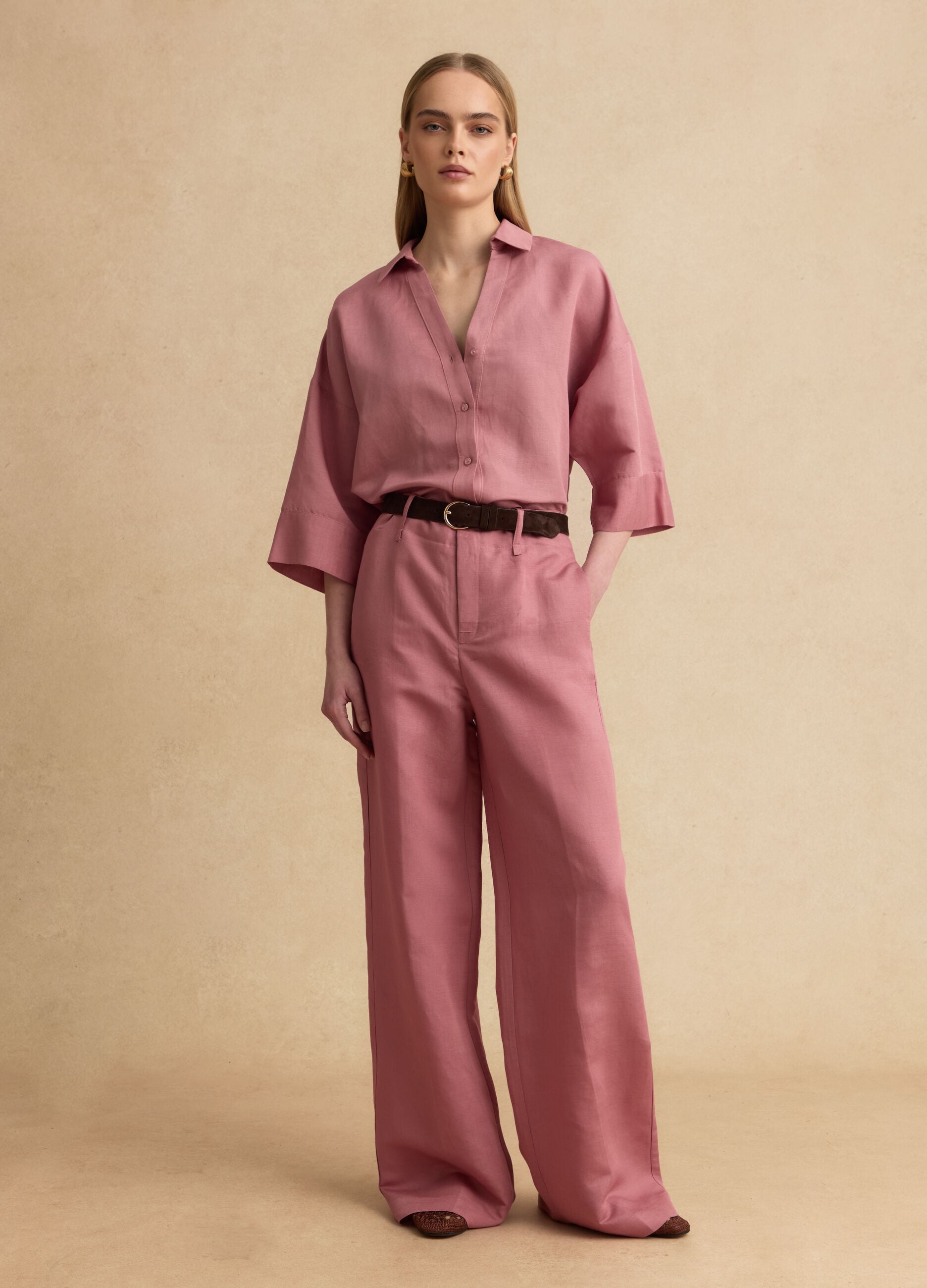 Rosa Wide-Leg-Hose aus Leinen-Viskose-Mix mit strukturiertem Bund