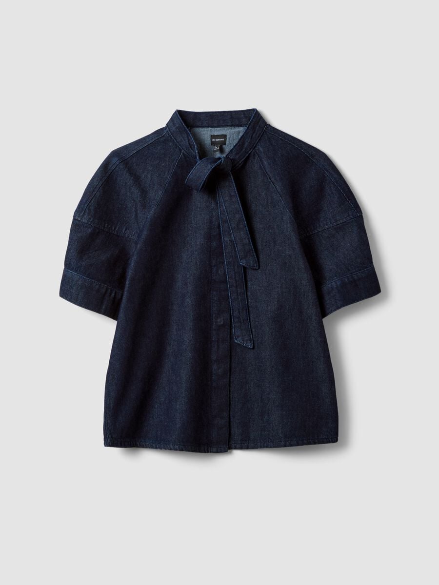 Regular-fit short-sleeved pure cotton denim shirt with tie detail_4
