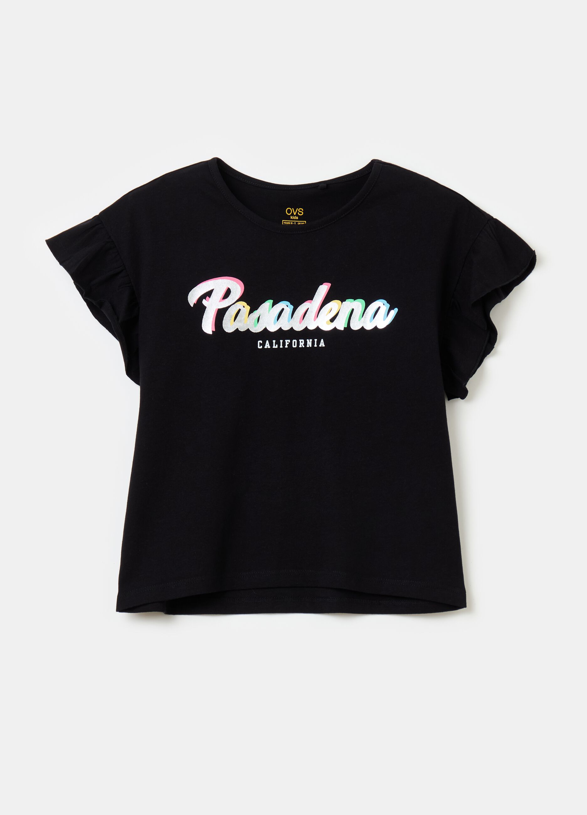 Cotton T-shirt with flounce and lettering print