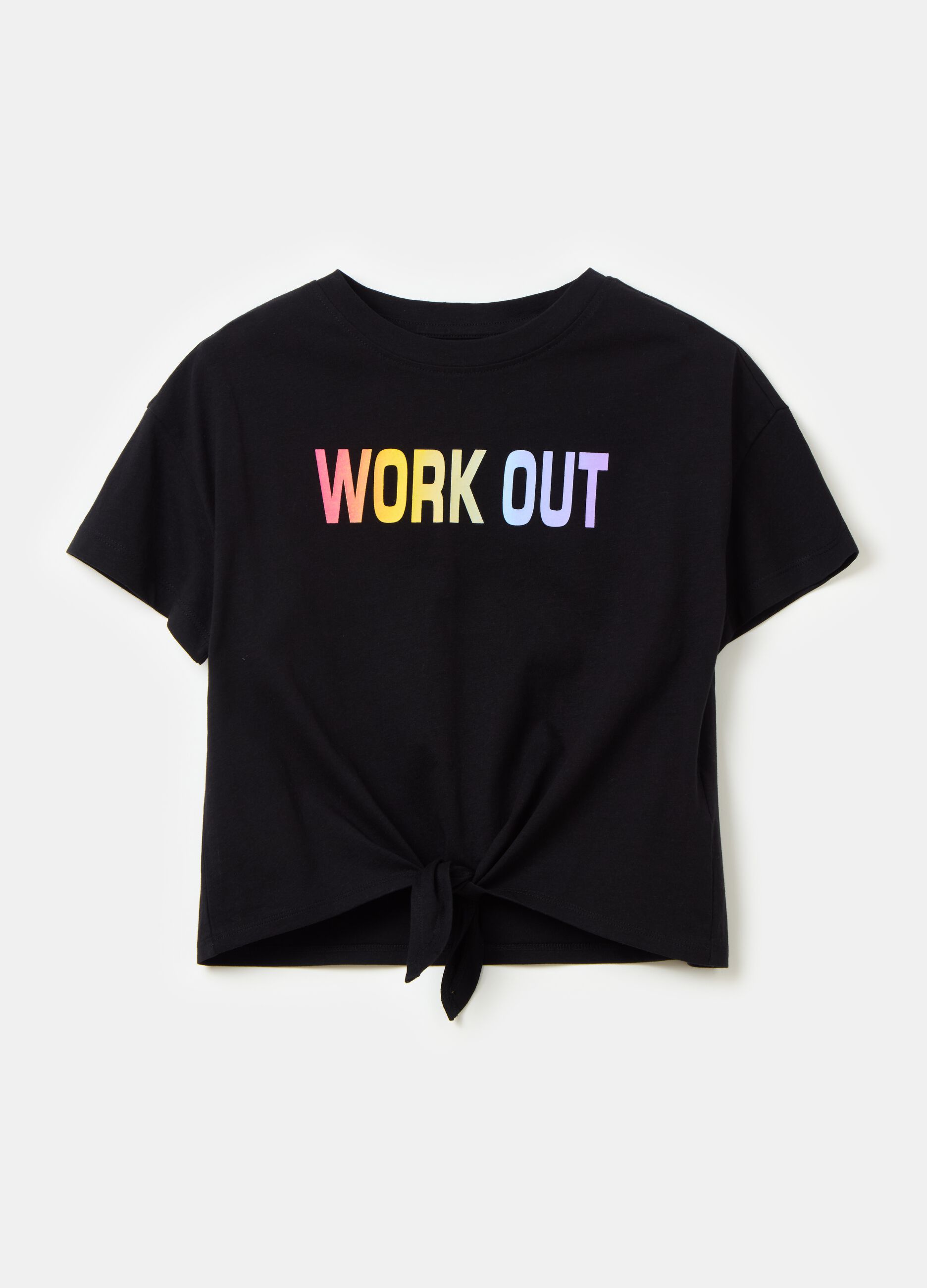Crop T-shirt with multicolour print and knot