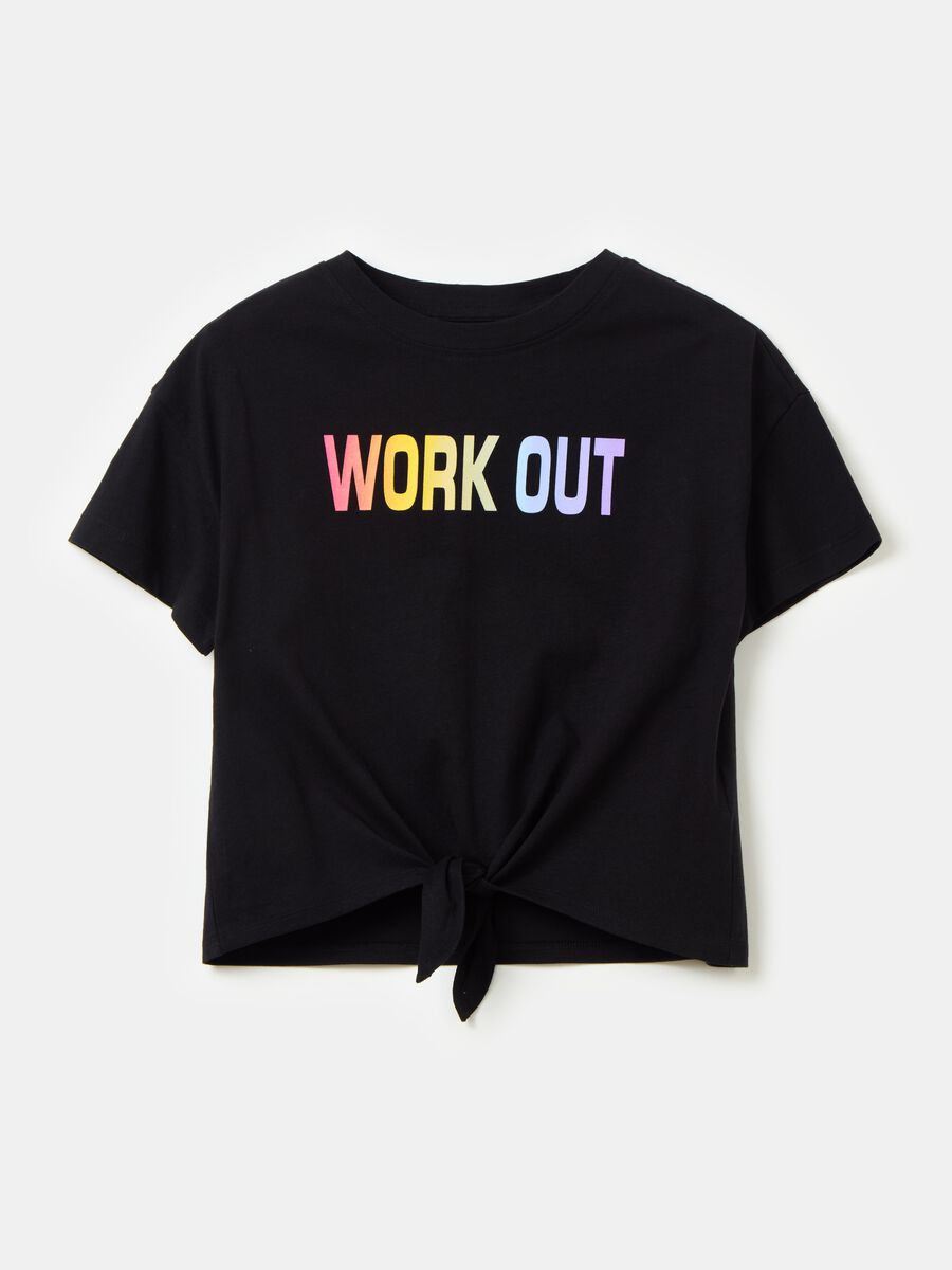 Crop T-shirt with multicolour print and knot_0