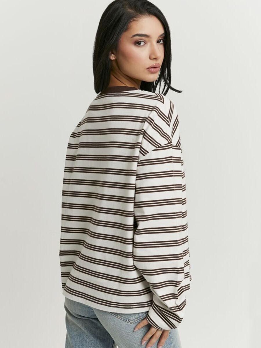 Wei&szlig;es Regular-Fit-T-Shirt aus reiner Baumwolle mit braunen Streifen_1