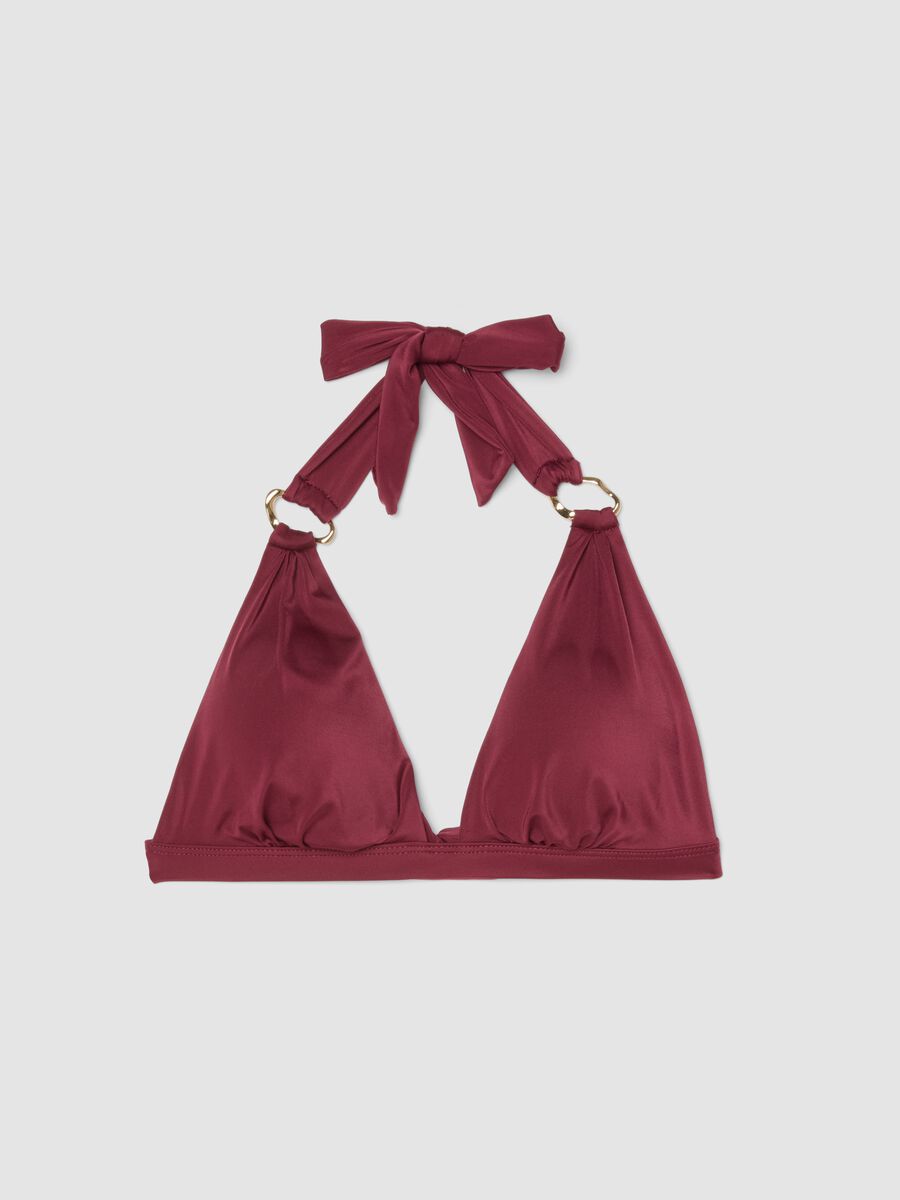 Red stretch triangle bikini top with neck bow_4