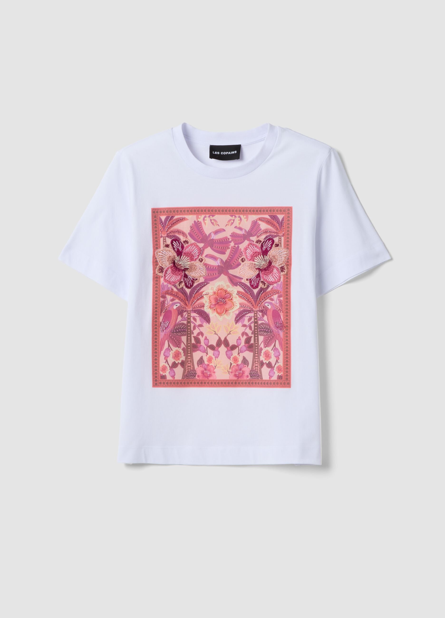 White pure cotton T-shirt with floral print