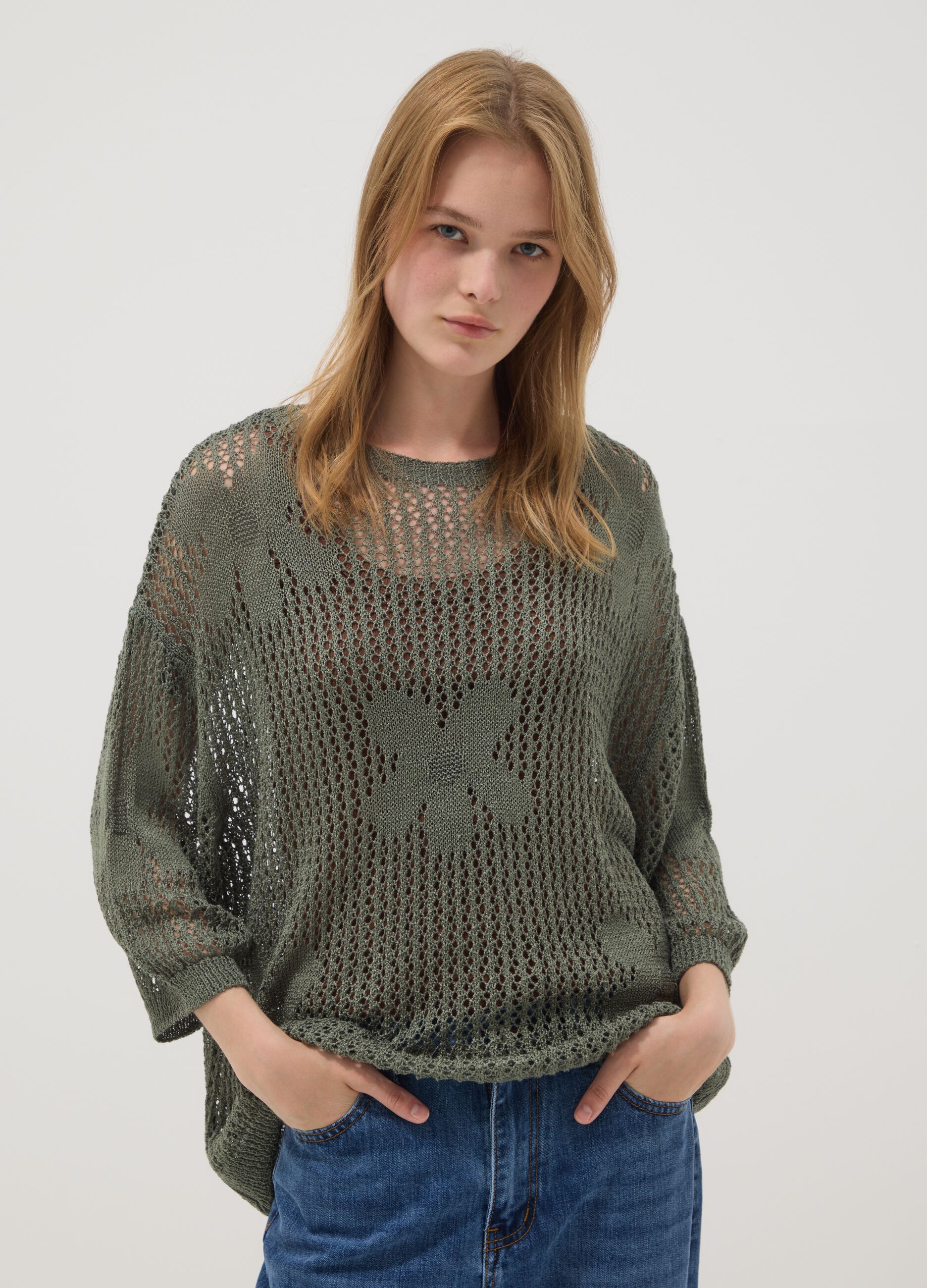 Green open-knit floral regular-fit top
