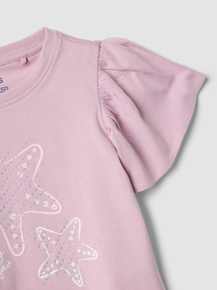 Girls&rsquo; pink pure cotton T-shirt with frill sleeves and rhinestones_2