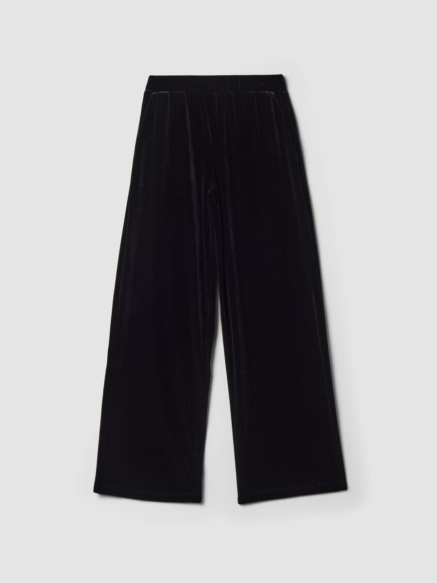 Pantaloni neri wide leg in tessuto velour elasticizzato_4