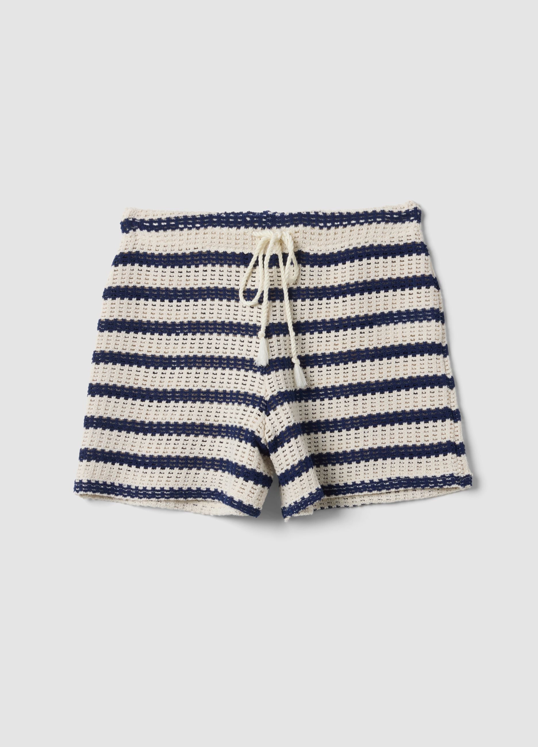 Blue and white striped stretch cotton crochet shorts, regular fit