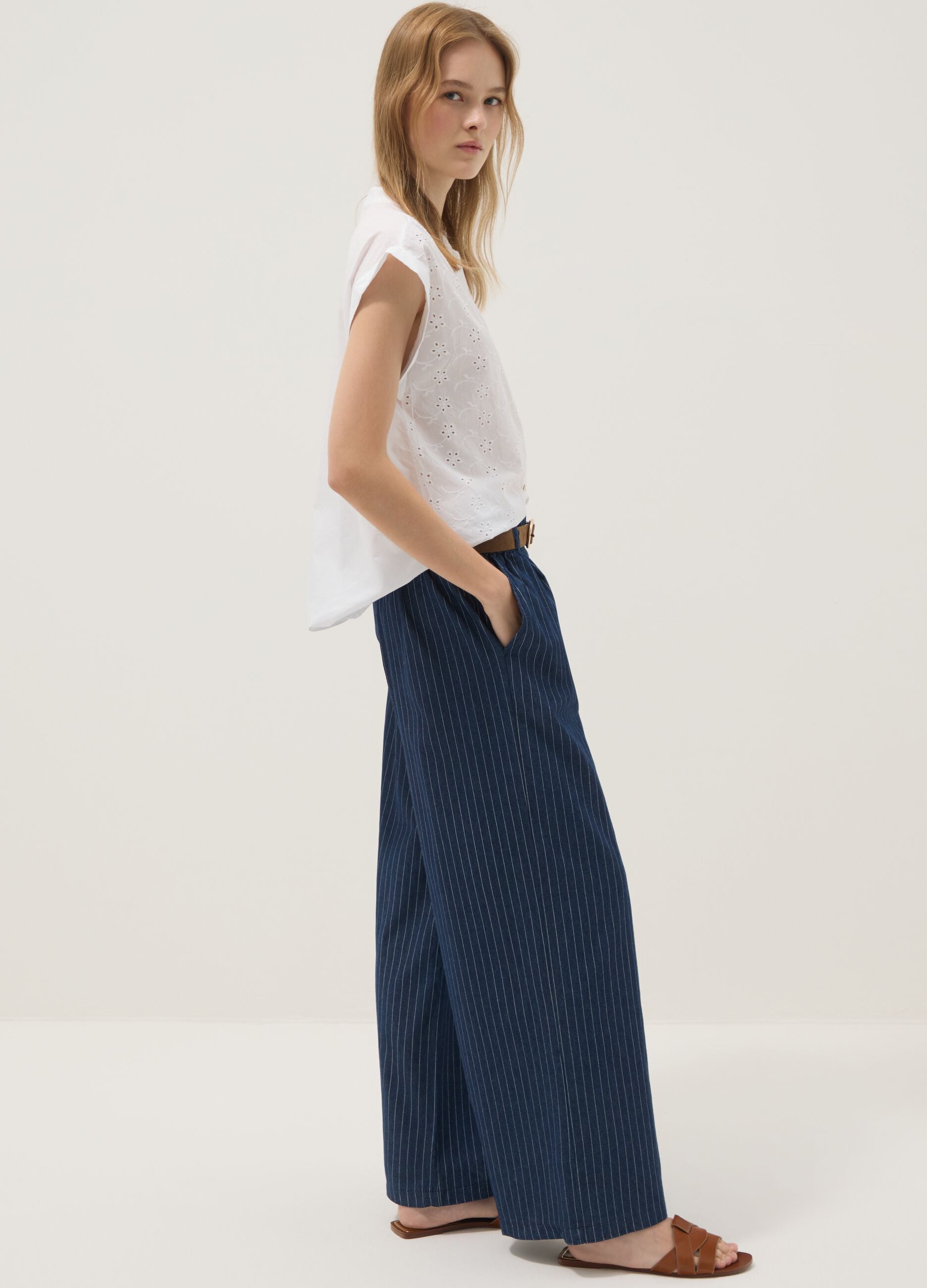 Blue pure cotton striped palazzo trousers