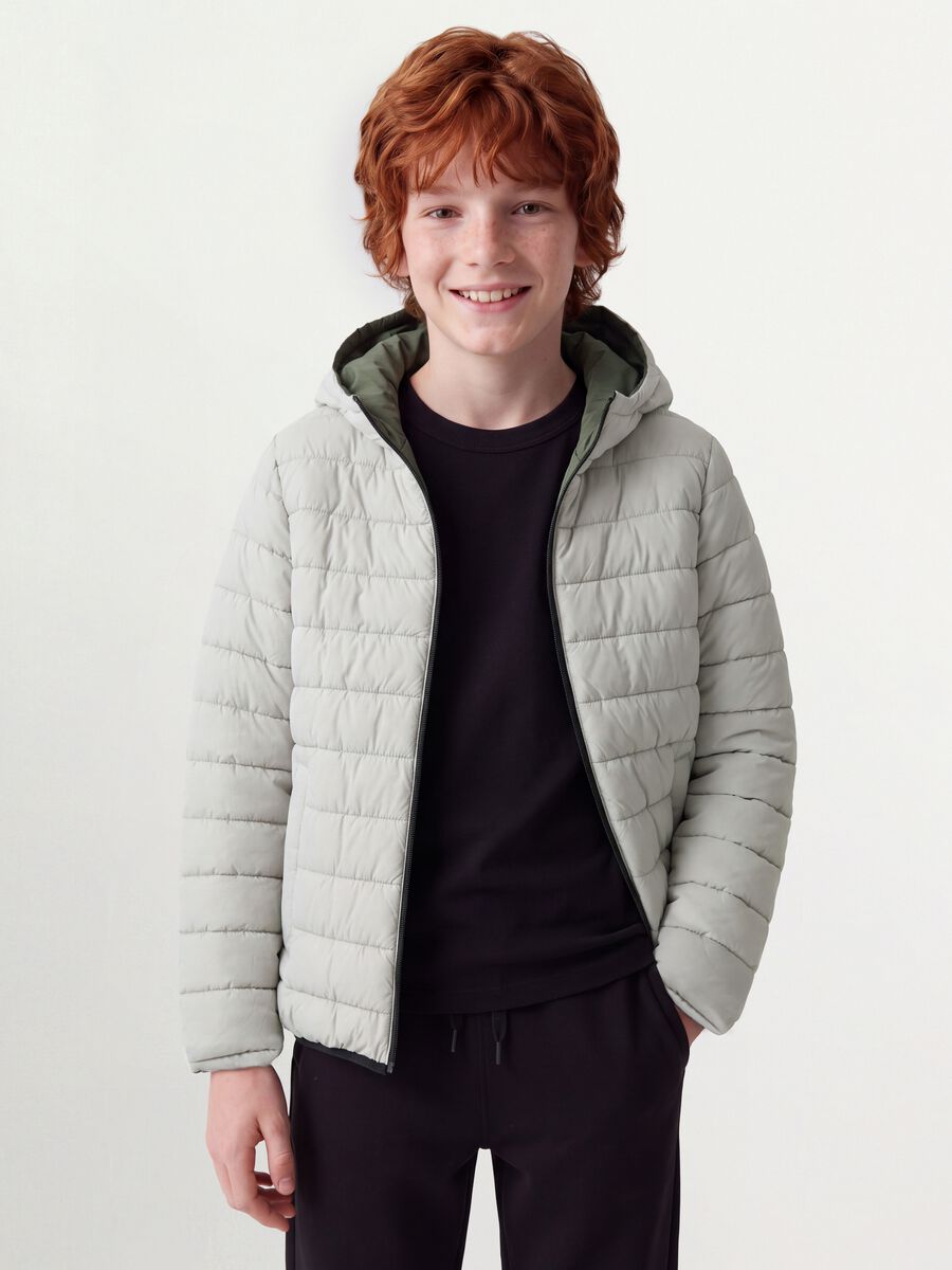 Reversible Ultralight padded hooded jacket in grey and green_0