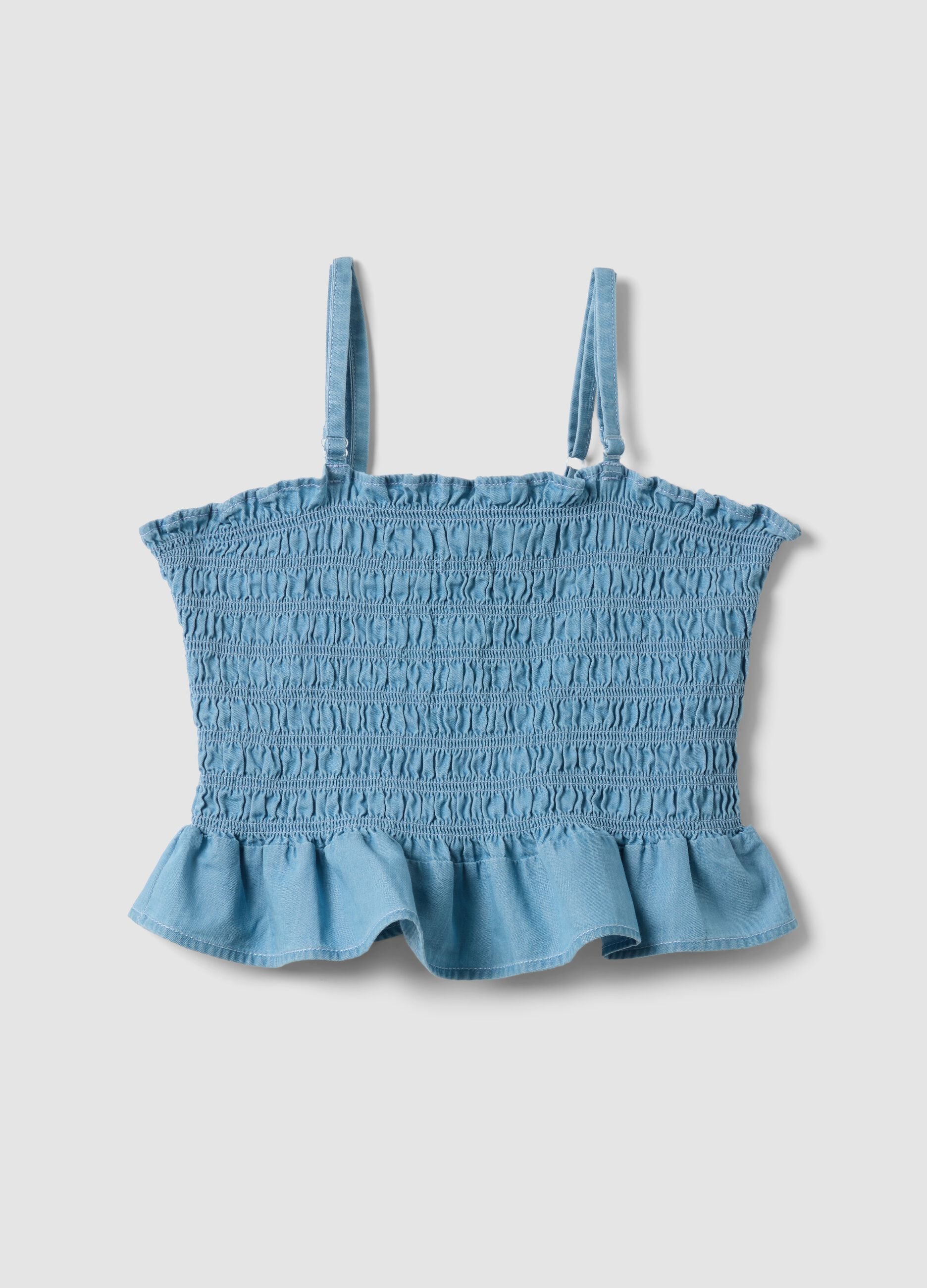 Sky-blue pure cotton top with ruching