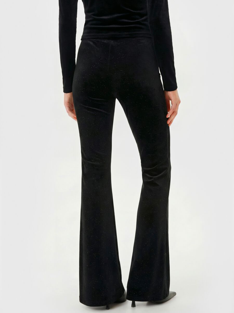 Black stretch fabric flare trousers with glitter_2
