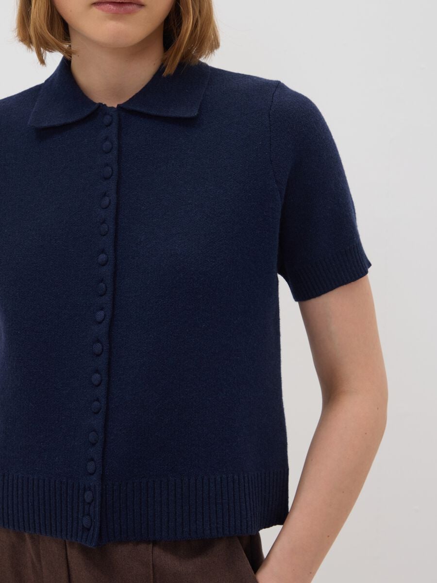 Cardigan blu in misto lana con colletto polo regular fit_2