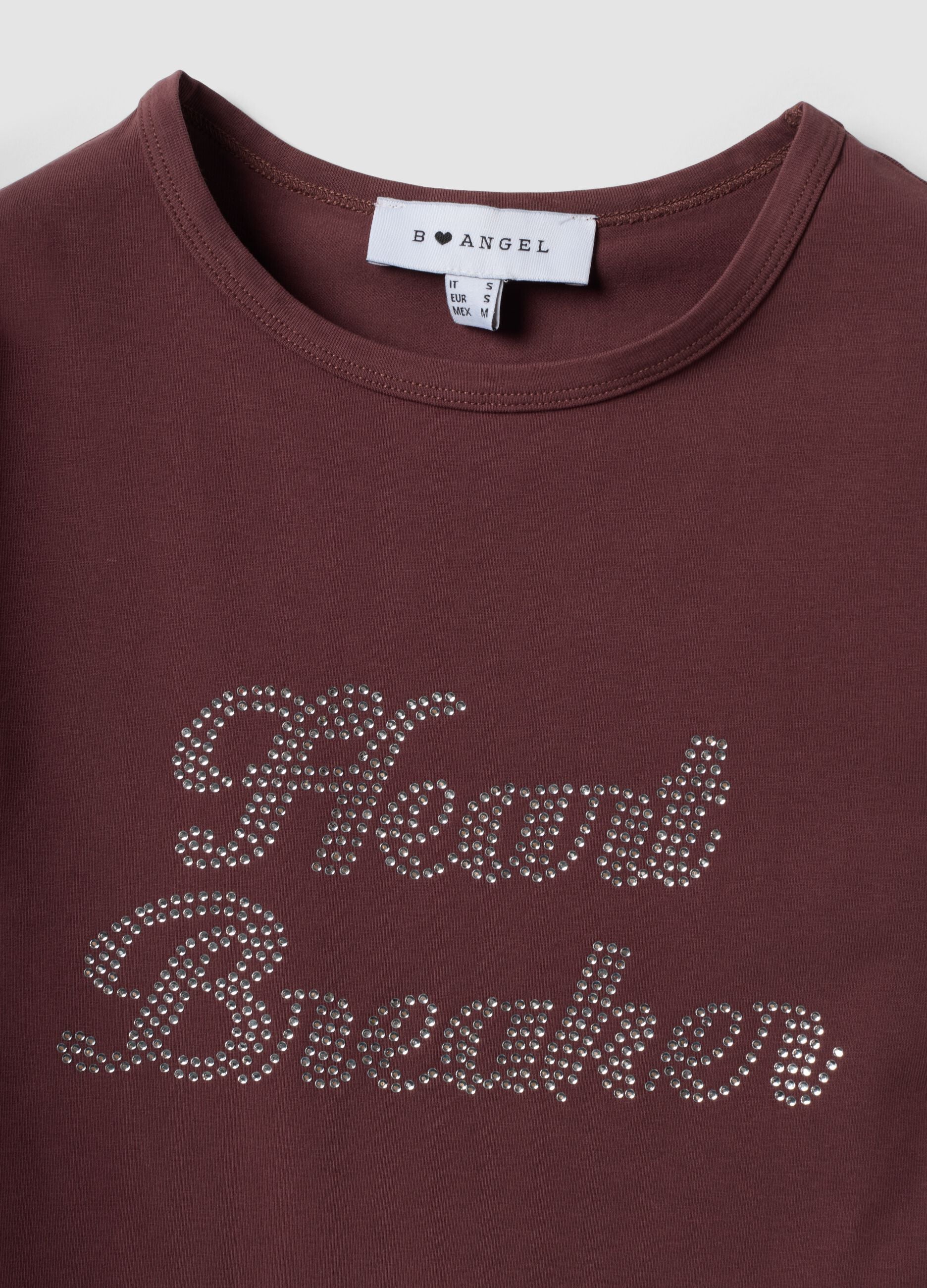Braunes, figurbetontes T-Shirt aus Stretch-Baumwolle mit Strass-Applikationen