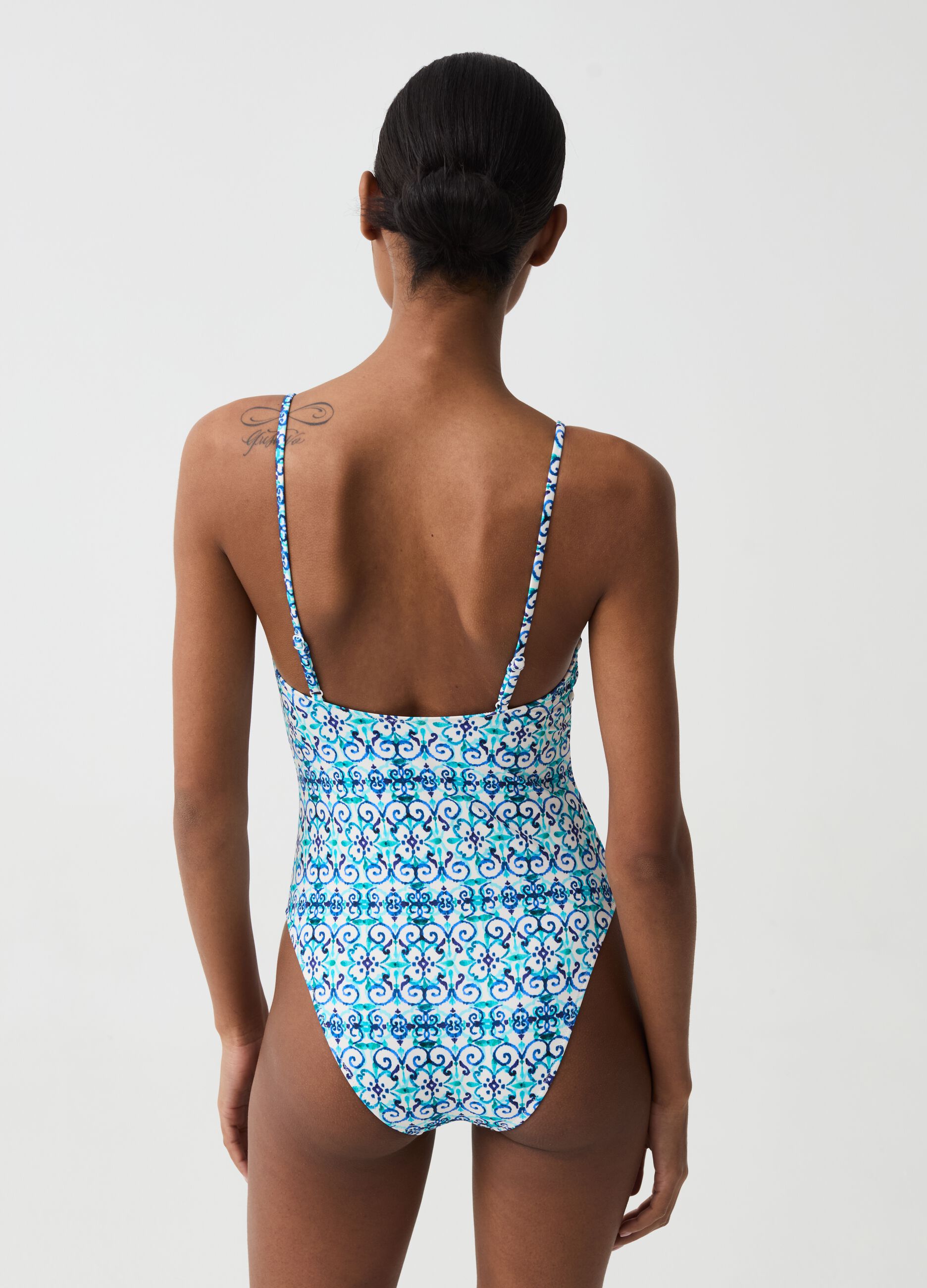 One-piece swimsuit with majolica print