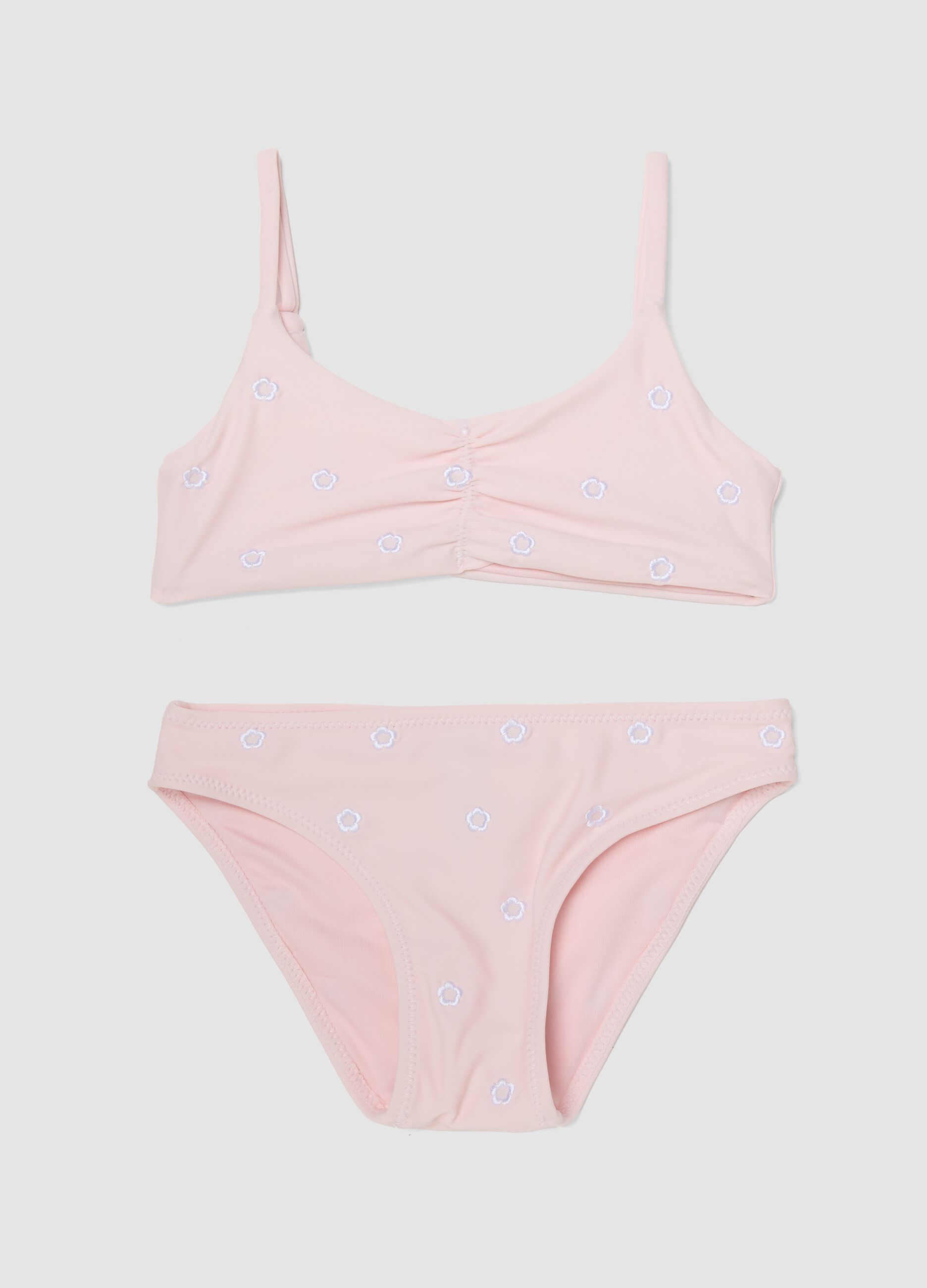 Pink stretch bikini with floral embroidery