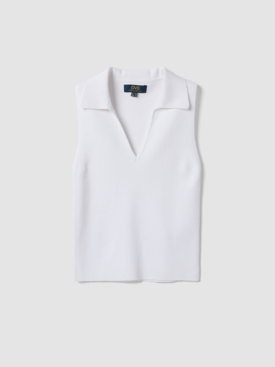 White viscose-blend top with collar_0