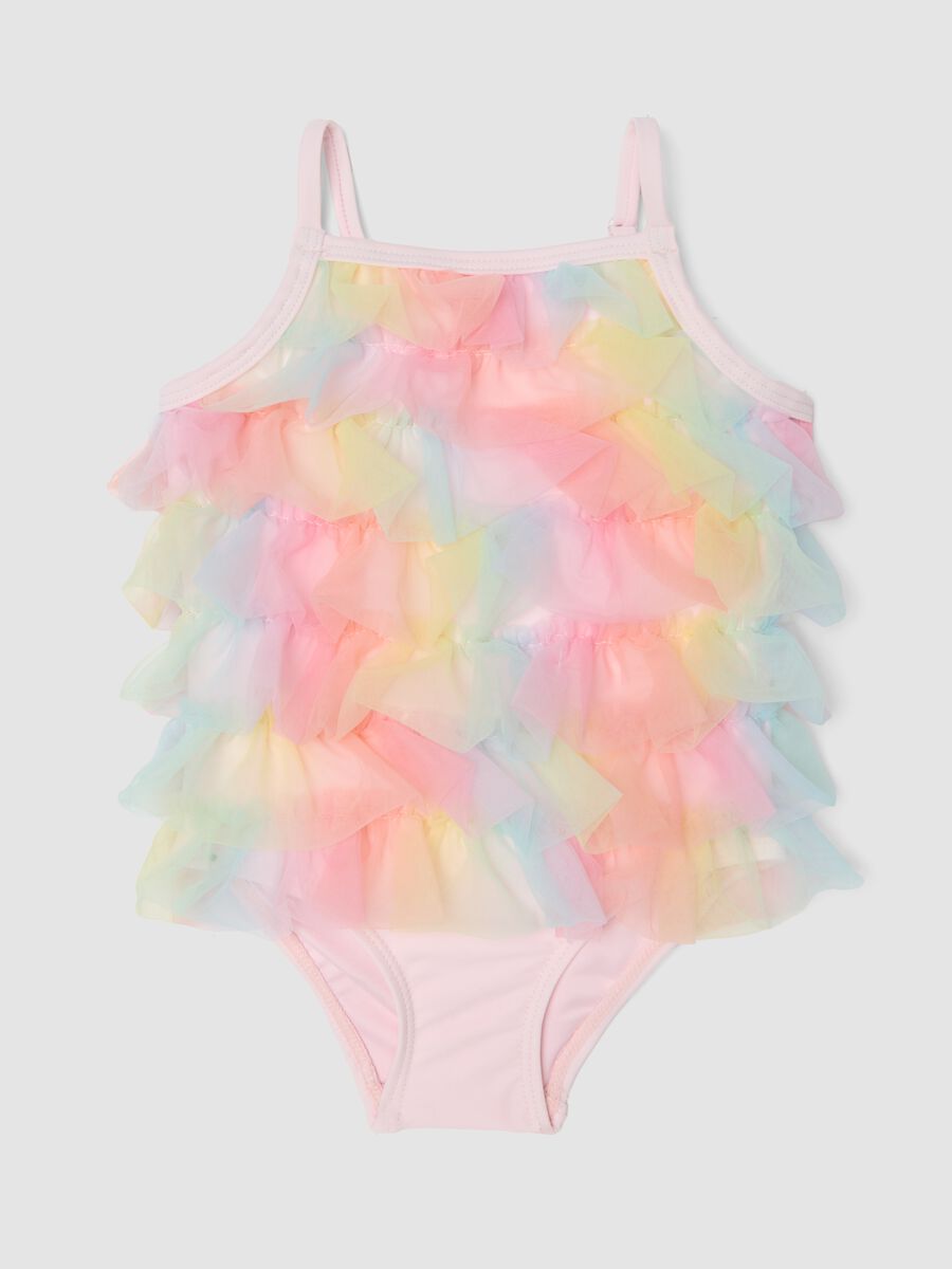 Pink one-piece swimsuit with tulle frills for baby girls_0