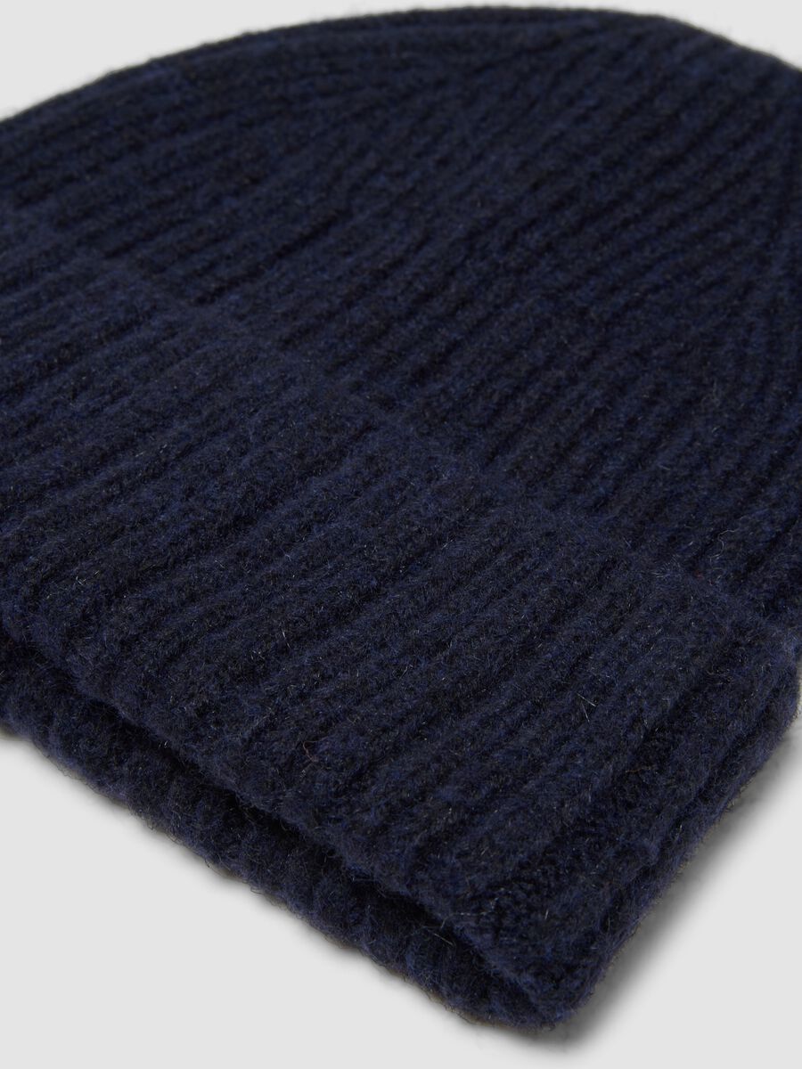 Berretto blu navy in lana elasticizzata a costine_2