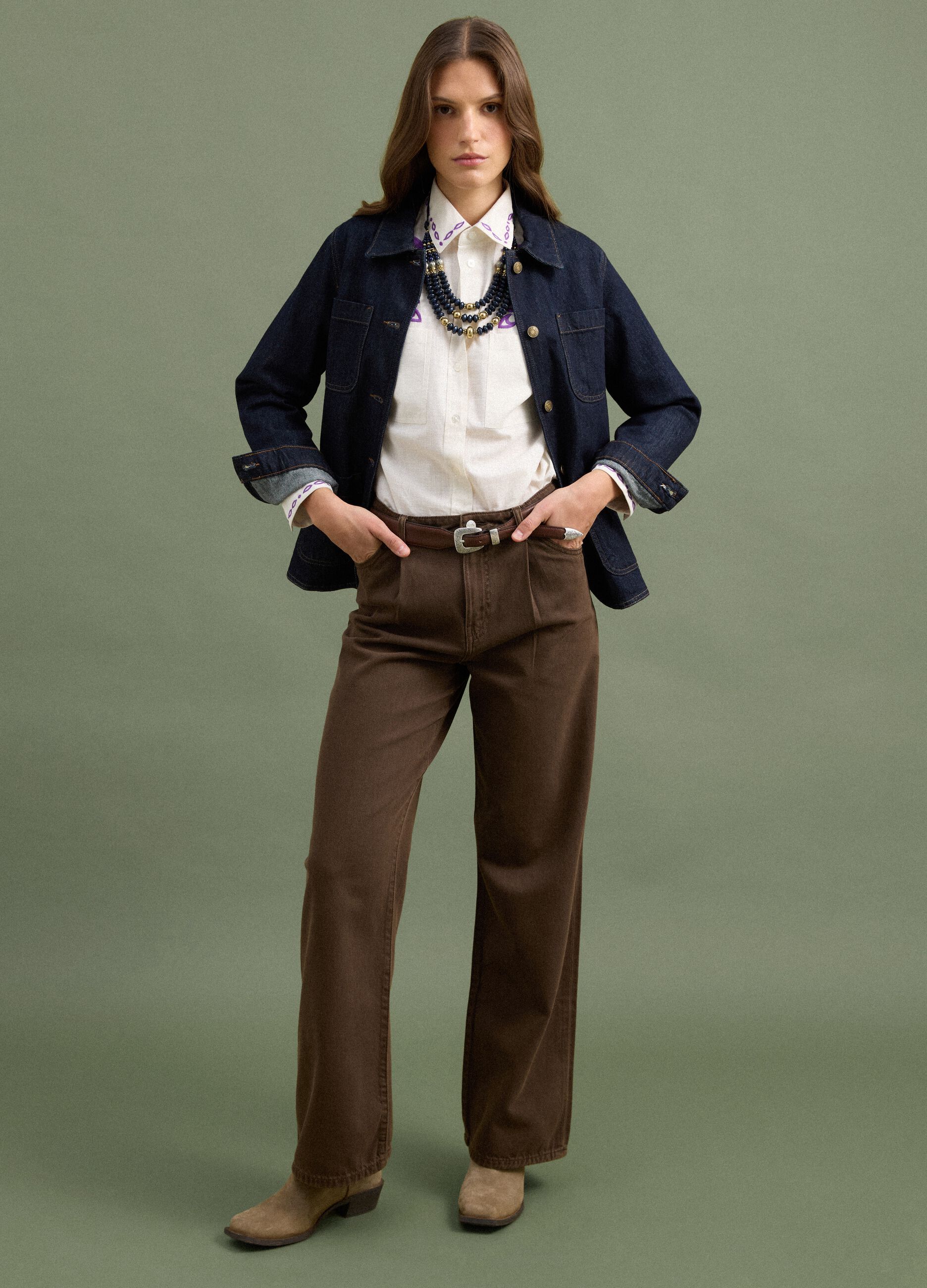 High-waisted wide-leg brown jeans in pure cotton