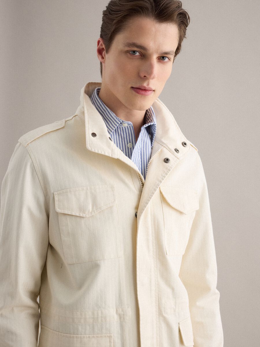 Beige cotton parka jacket, regular fit with pockets and zip_3