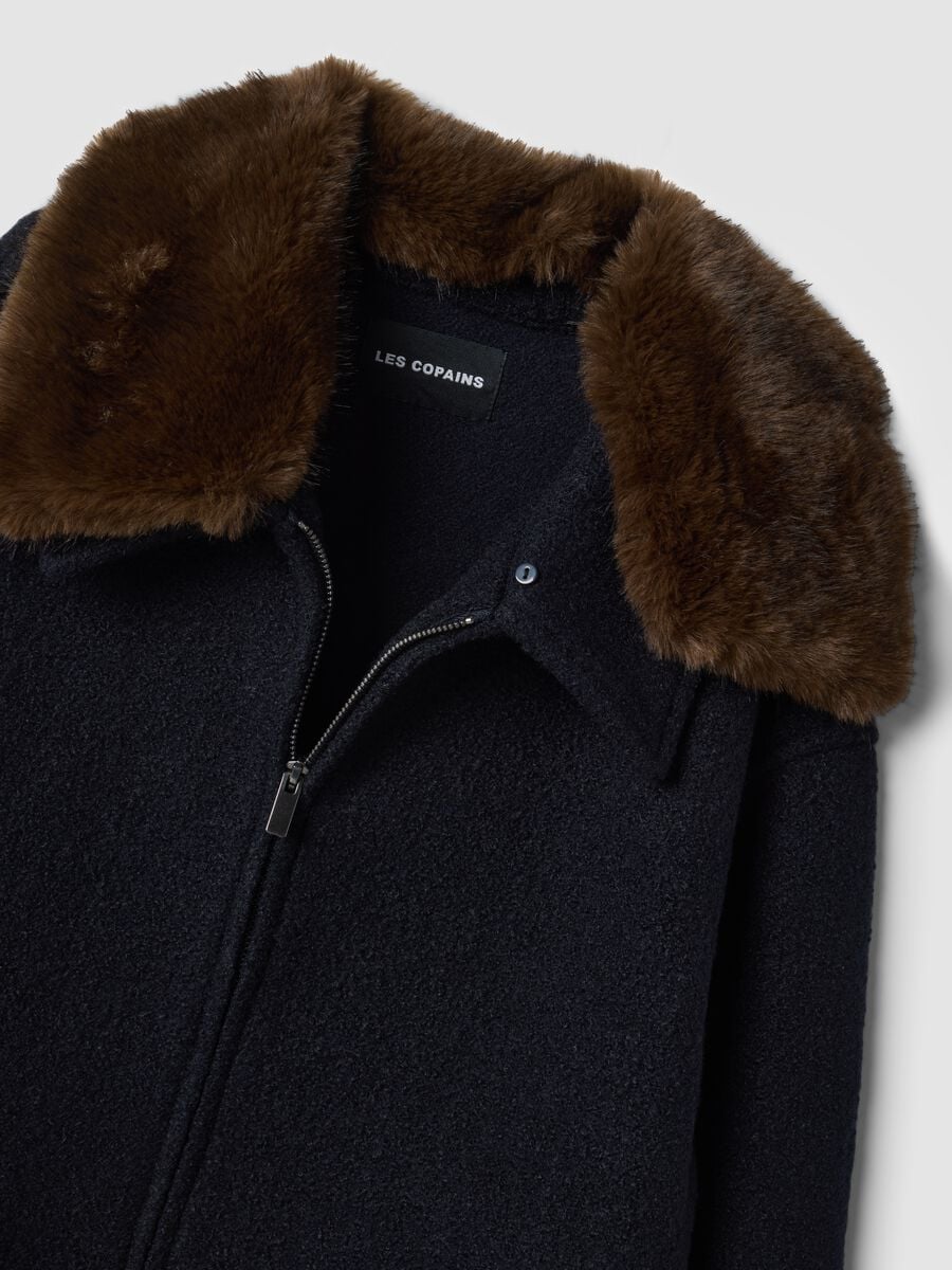 Blue wool-blend jacket with faux-fur effect collar_1