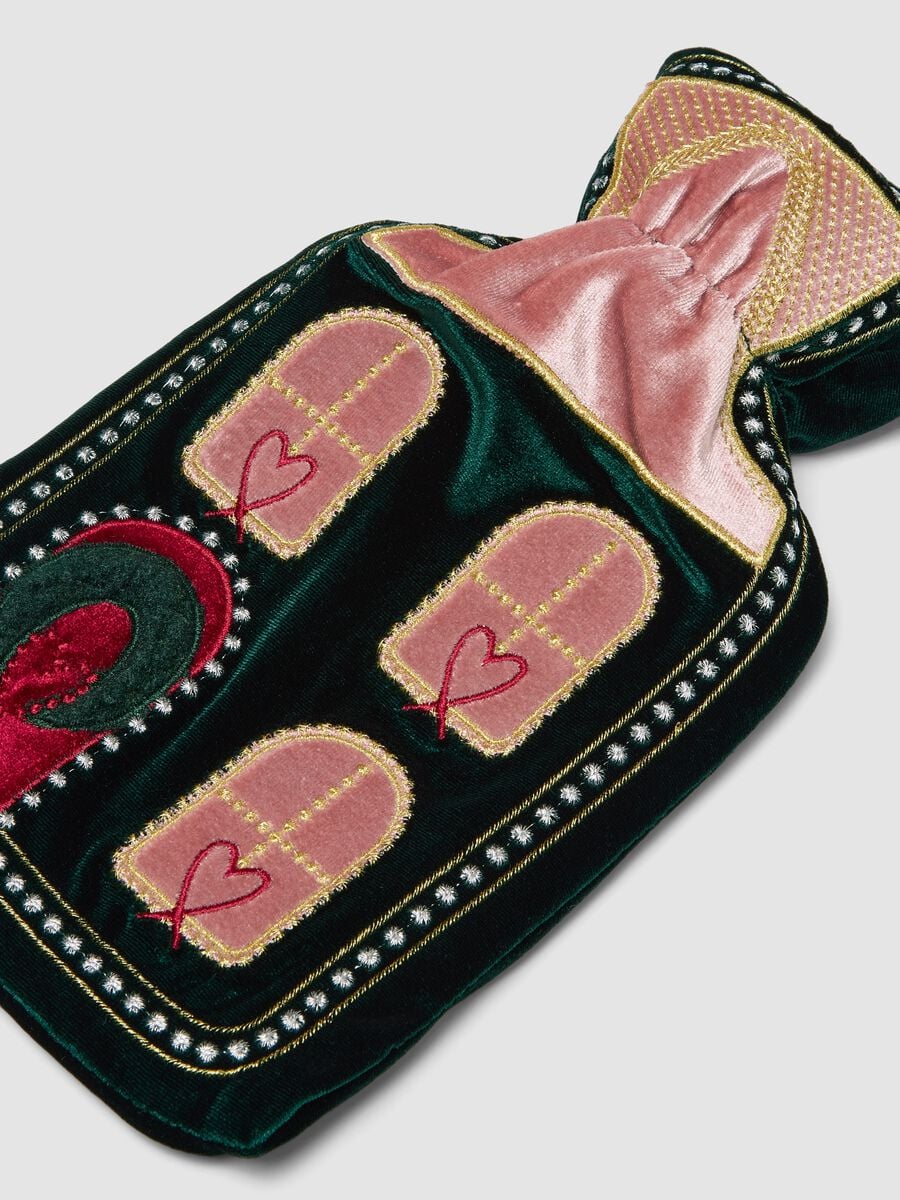 Green and pink hot water bottle with decorative embroidery_2