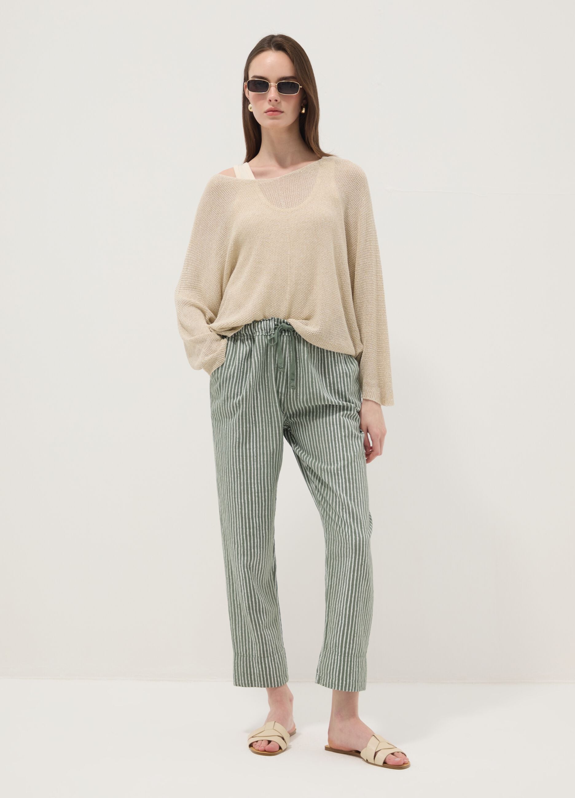Green pure cotton striped regular-fit trousers