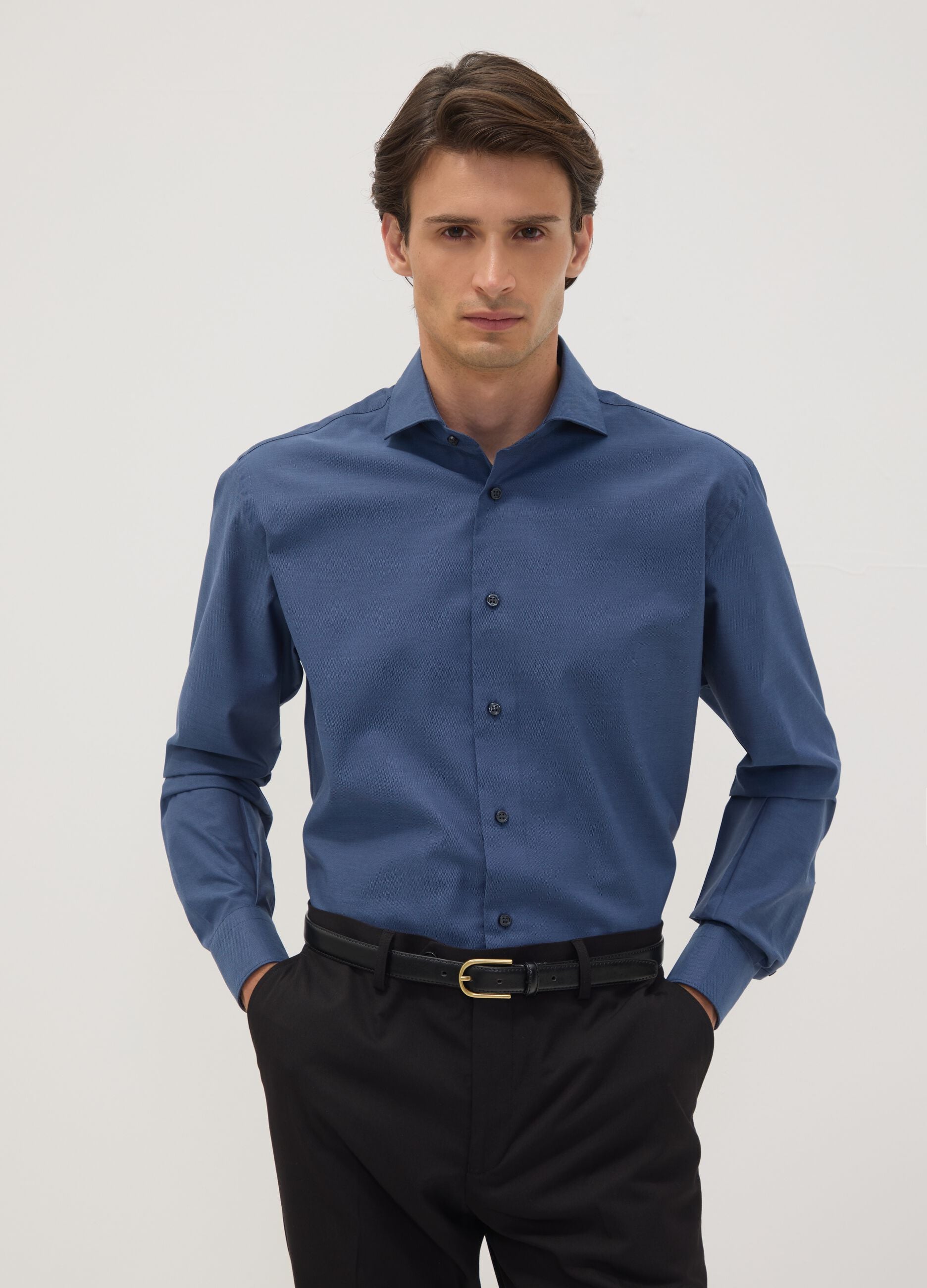 Blue pure cotton shirt with French collar, regular fit, easy iron