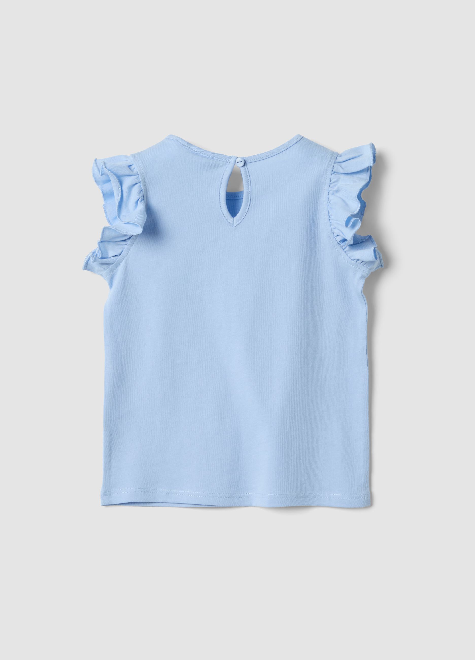Hellblaues Tanktop aus reiner Bio-Baumwolle f&uuml;r Baby-M&auml;dchen mit Print und Volants