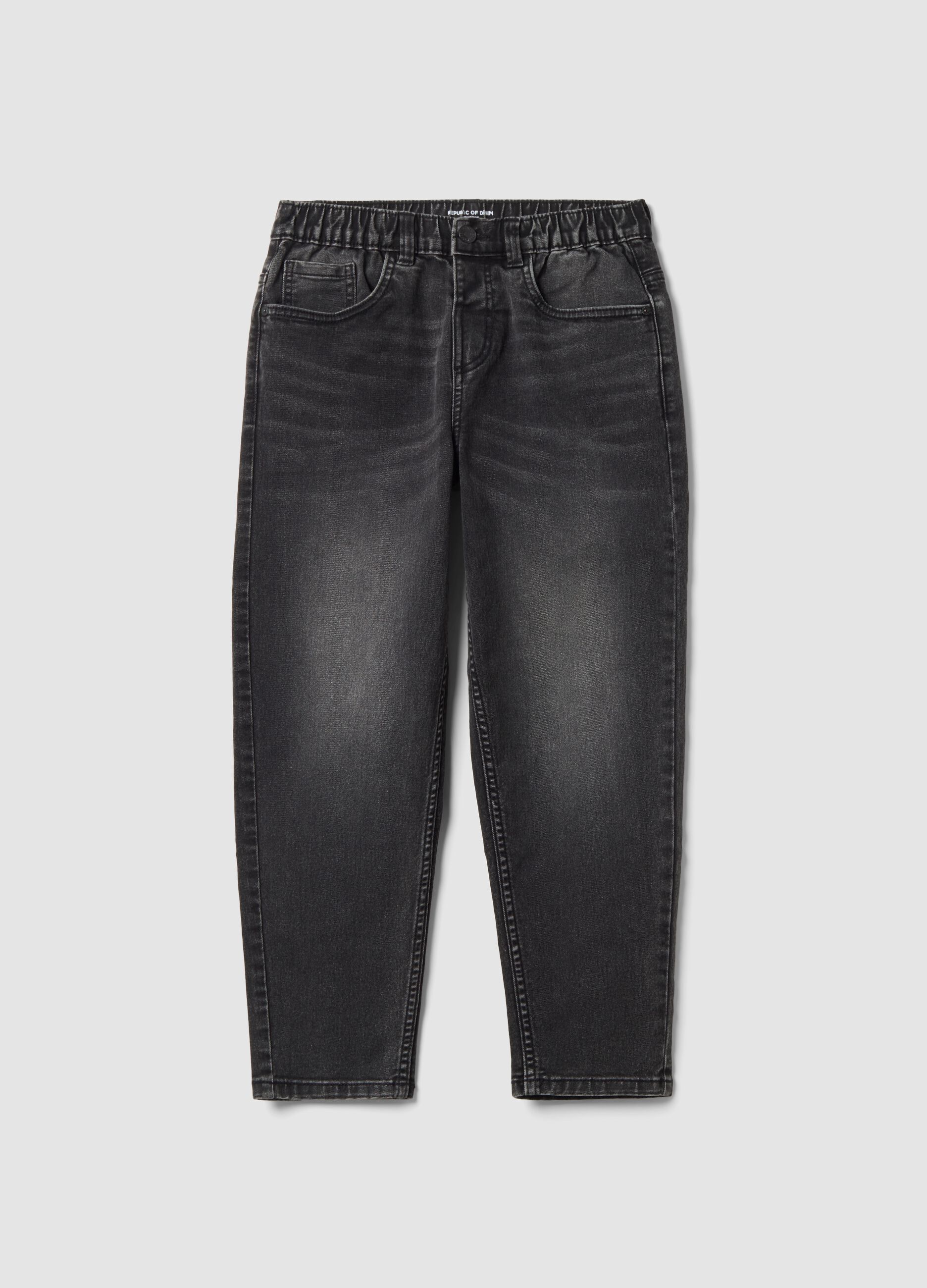 Jeans neri in cotone elasticizzato con vita elastica per ragazzo