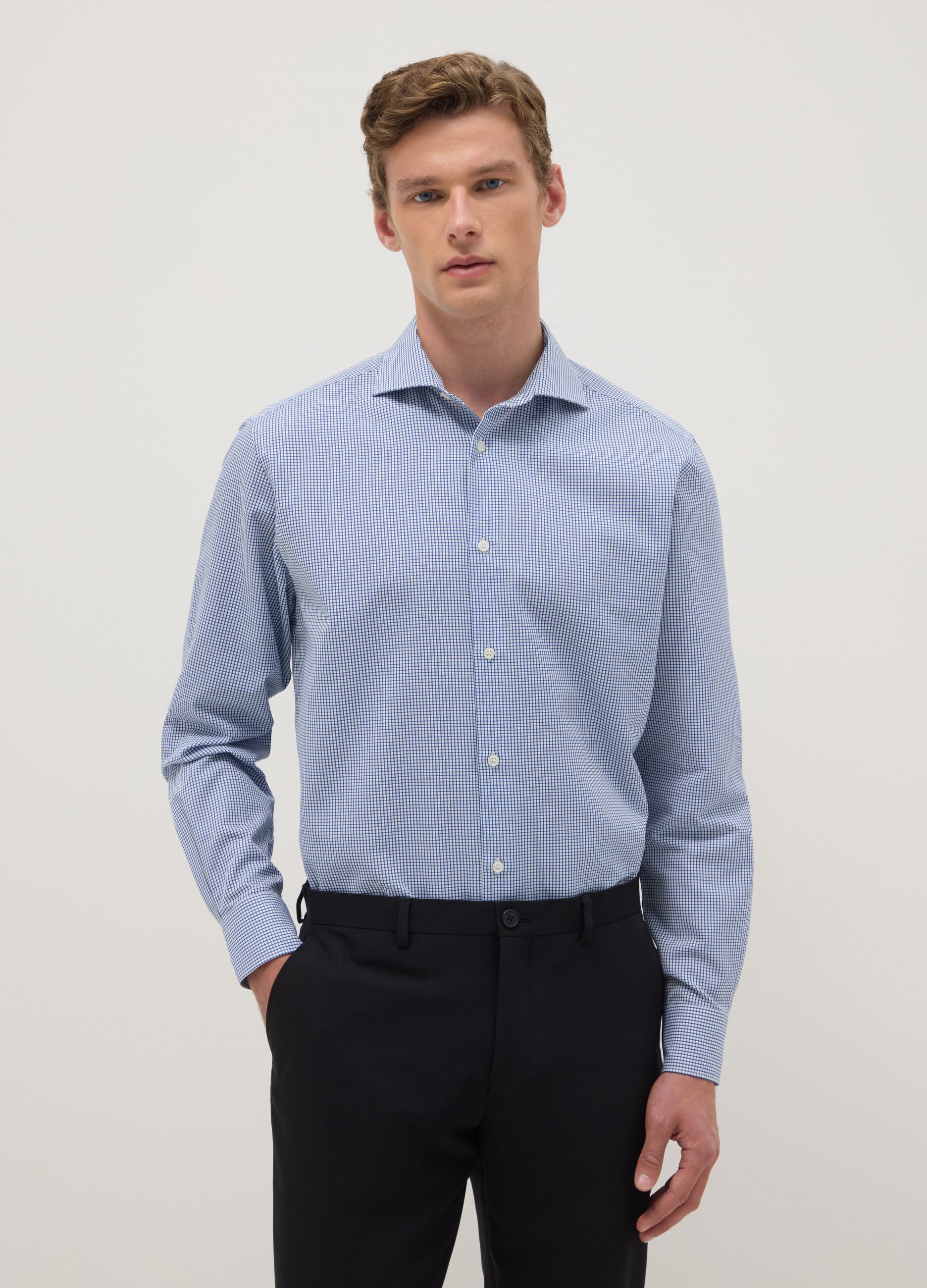 Light blue checked pure cotton regular fit easy iron shirt