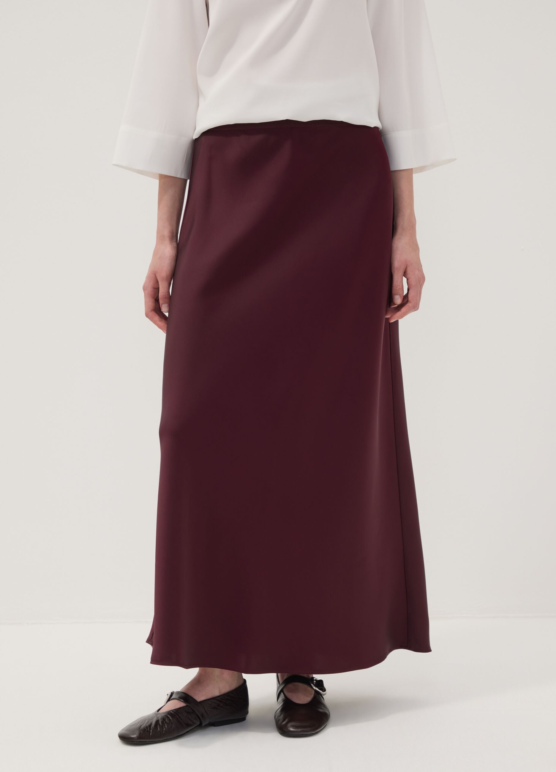 Red satin maxi skirt with elasticated waist