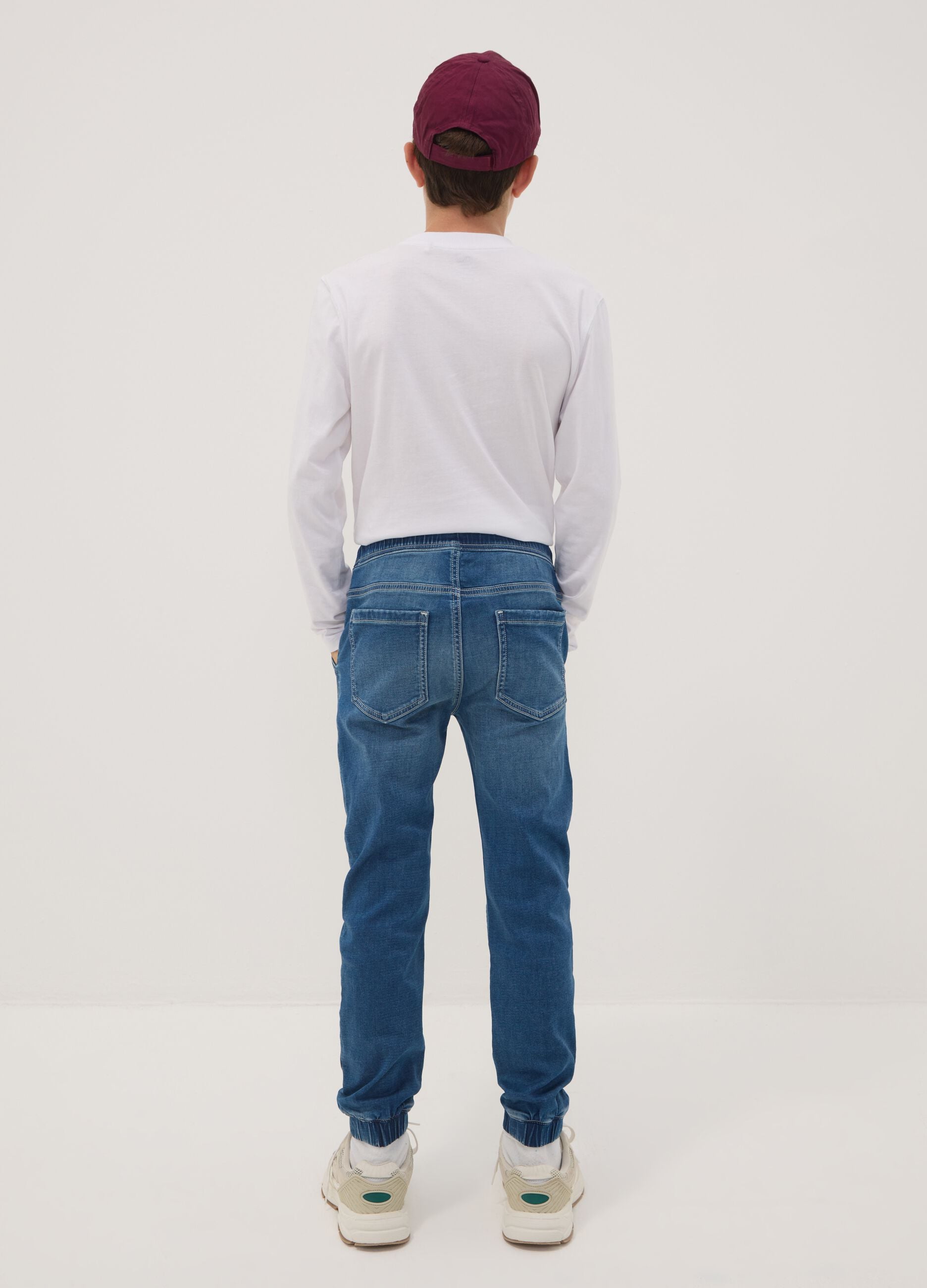 Blue stretch cotton jogger jeans with drawstring for boys