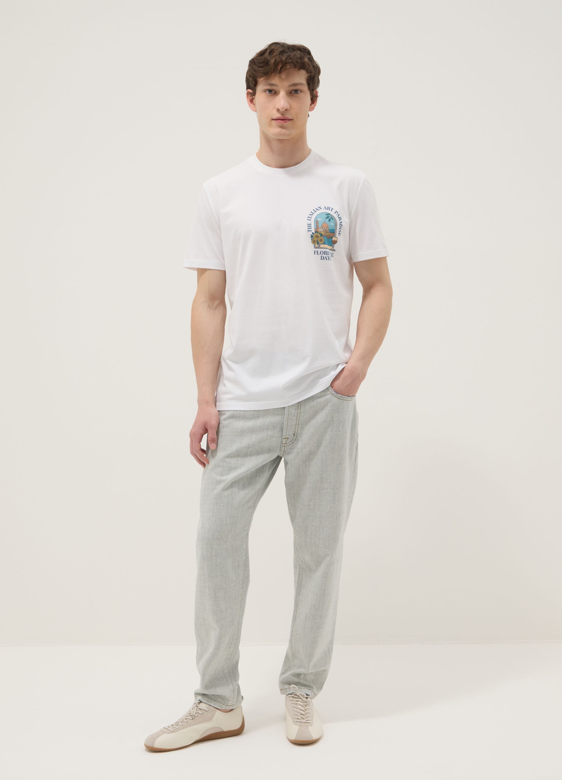 Wei&szlig;es T-Shirt aus reiner Baumwolle mit Print, Regular Fit