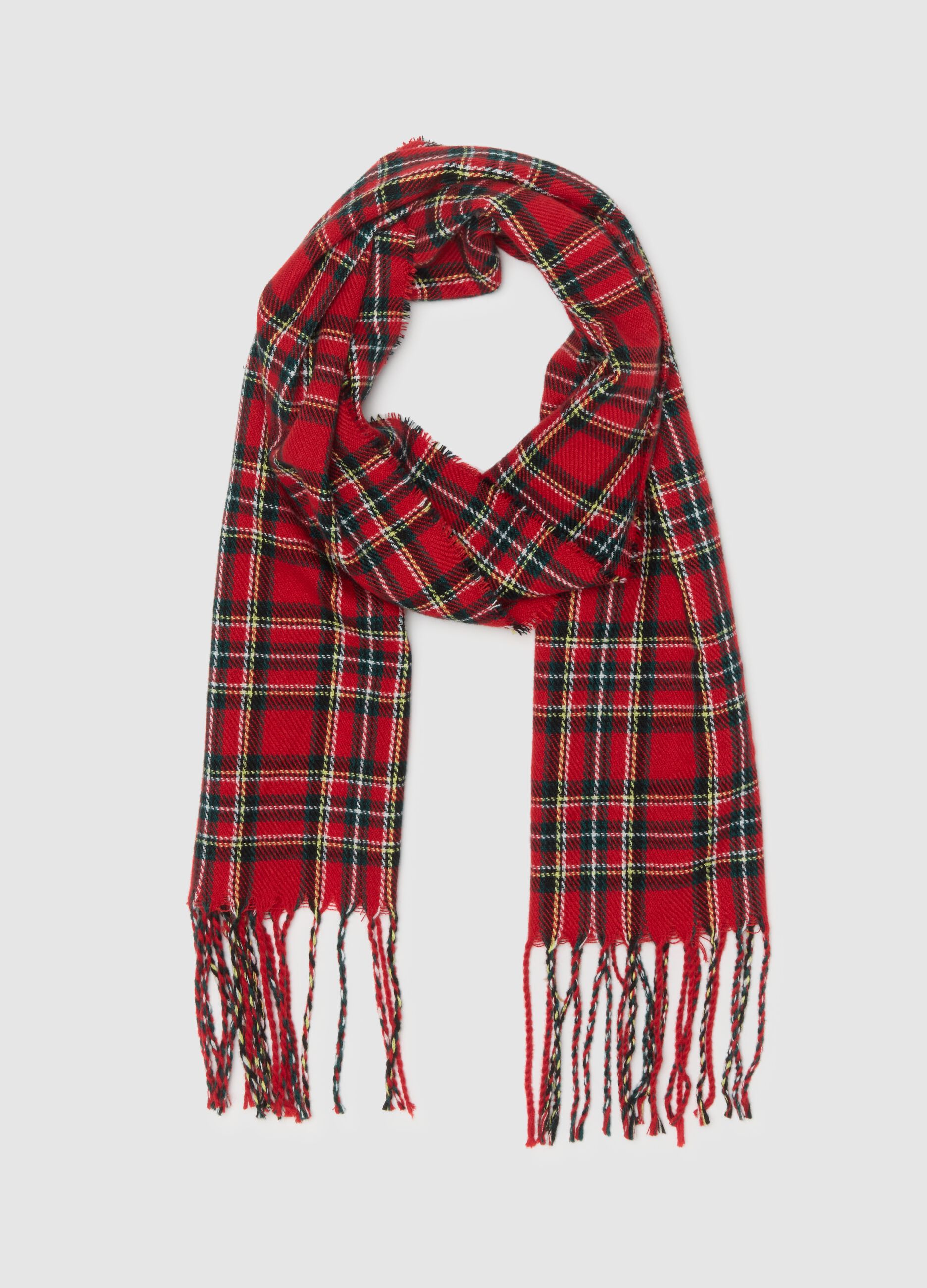 Multicoloured checkered red scarf for children with fringes