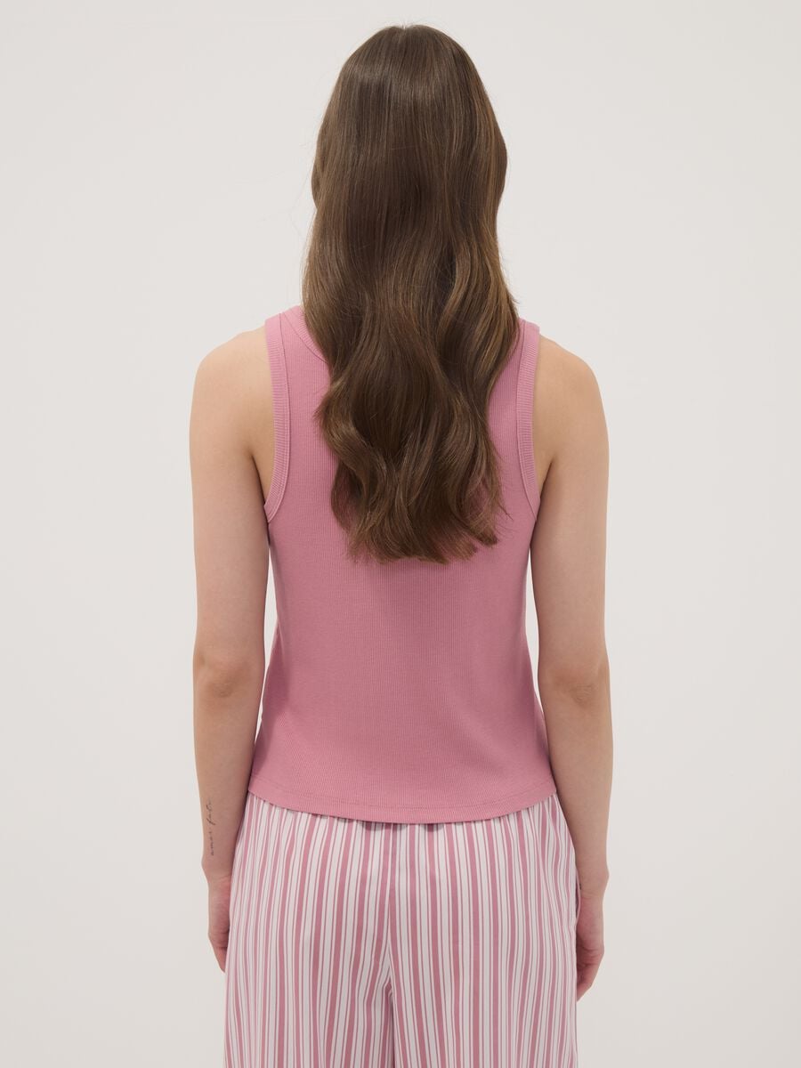 Pink ribbed cotton and viscose blend henley vest_3