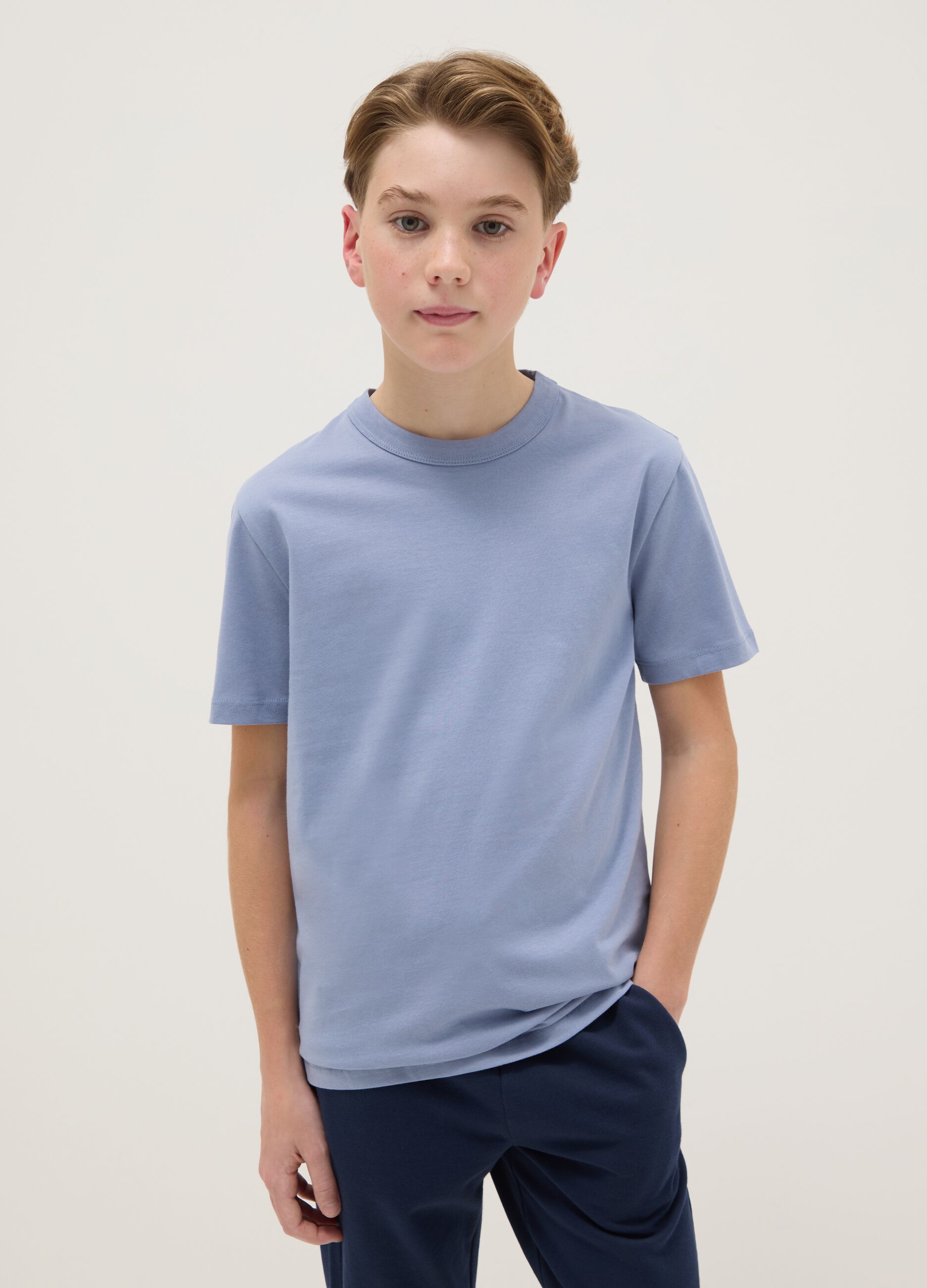 Boys' light blue crew neck T-shirt in pure cotton over fit