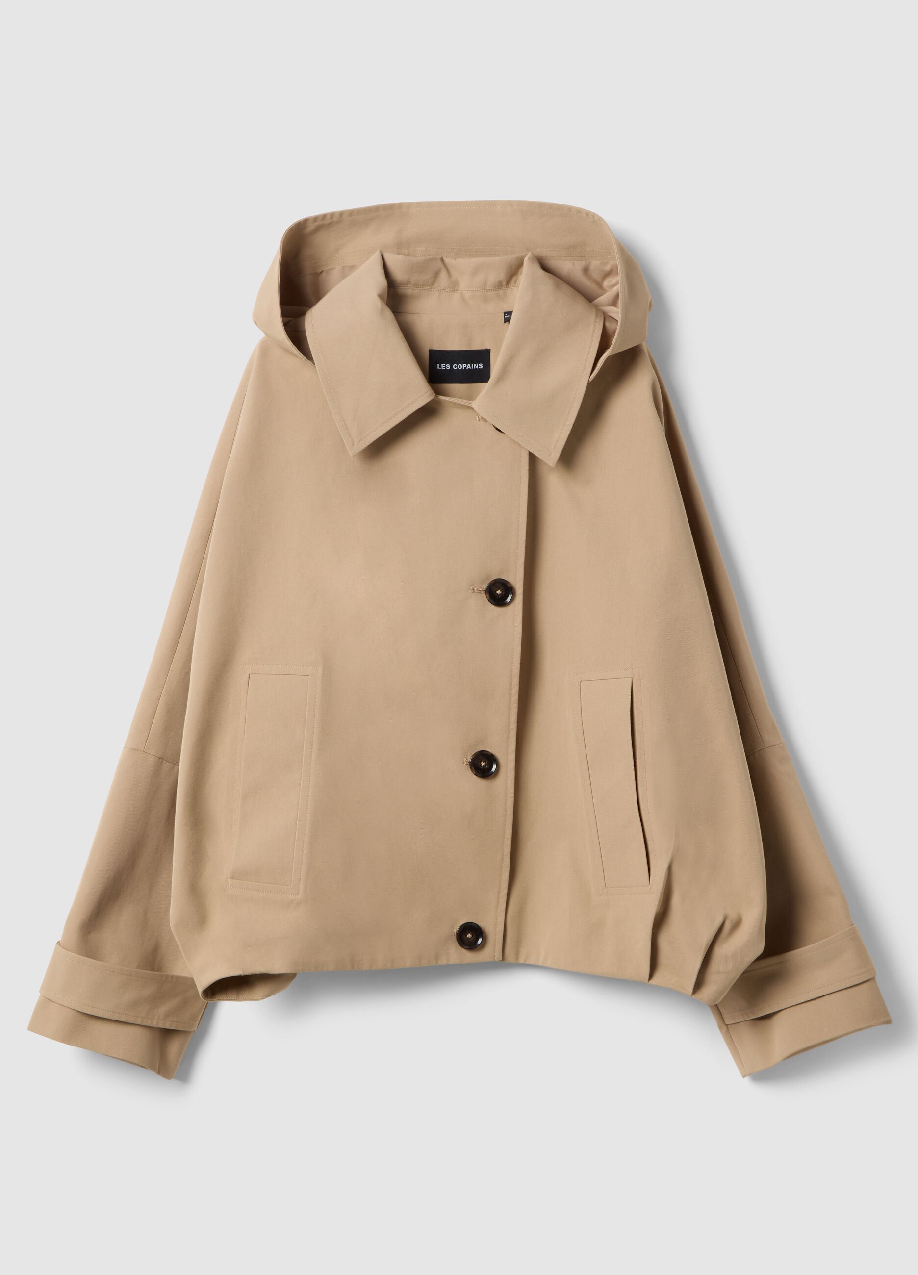 Short beige cotton blend trench coat, regular fit with hood