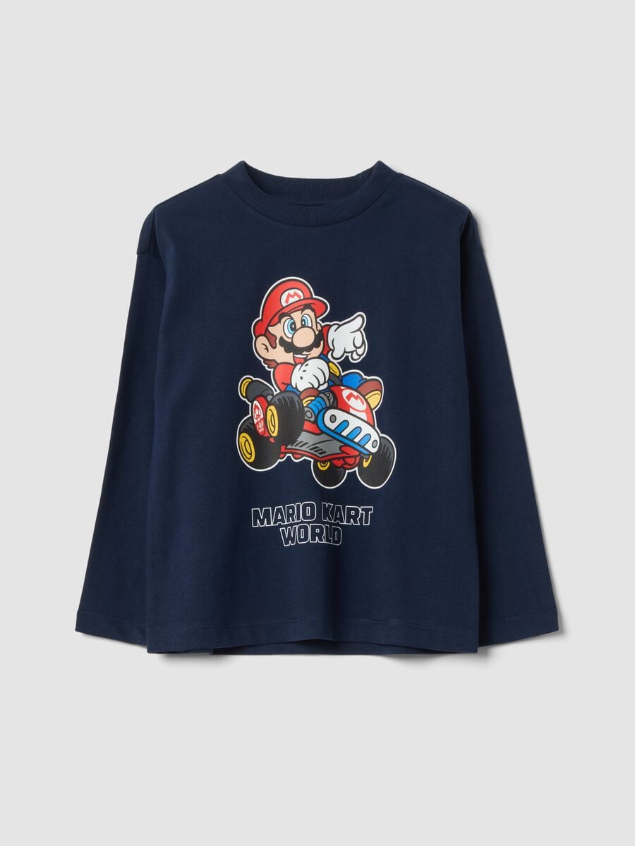 Blue oversized pure cotton crew-neck T-shirt with Mario Kart print_0