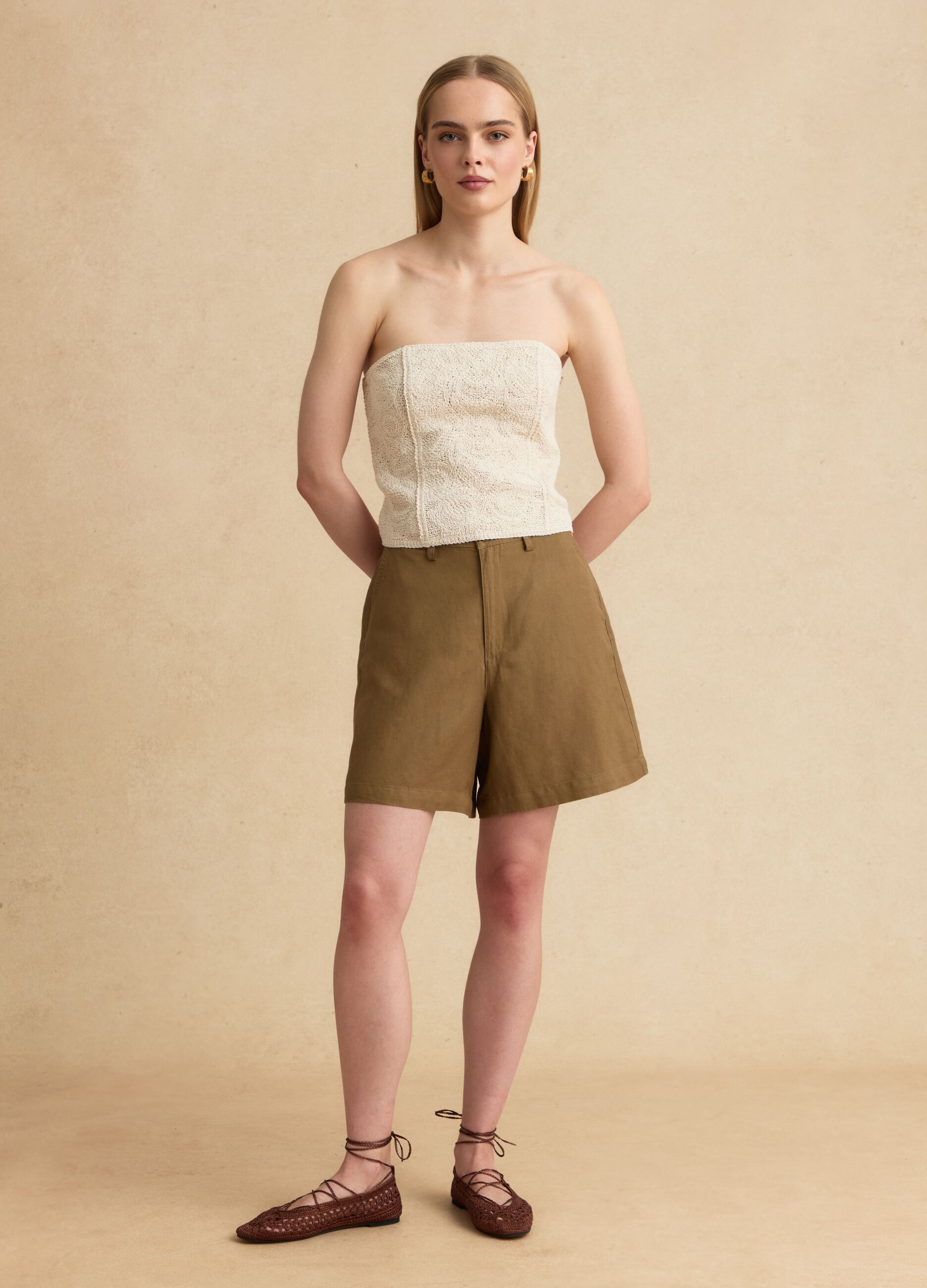Beige strapless cotton-blend top, regular fit with textured knit